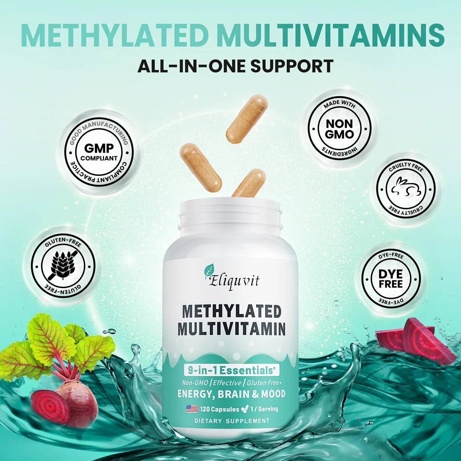 Eliquvit Methylated Multivitamin for Men & Women - Methylated B Complex with Methylfolate & B12-9-in-1 MTHFR Support + TMG - Vegan Multivitamin EliquvitAu supplements