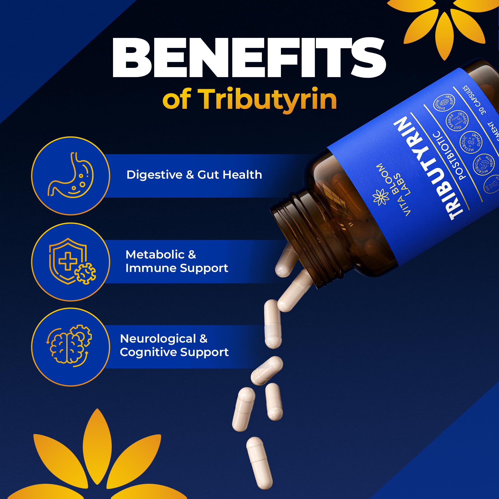 Tributyrin Supplement - Better Delivery & More Effective than Sodium Butyrate - Gut Health & Digestive Support - 3-in-1 Butyrate Postbiotics for Leaky Gut & Gut Barrier Support - 30 Capsules Vita Bloom LabsAu supplements