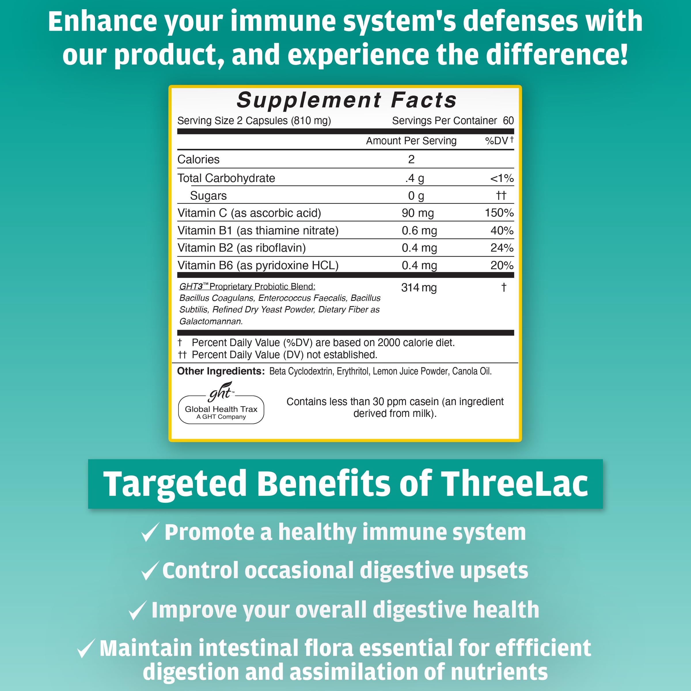 Global Health Trax GHT - ThreeLac Probiotic Capsules, 120 Count - Comprehensive Digestive Support for Men, Women, and Children - Immune System and Gut Balance, Non-GMO ght Global Health TraxAu supplements
