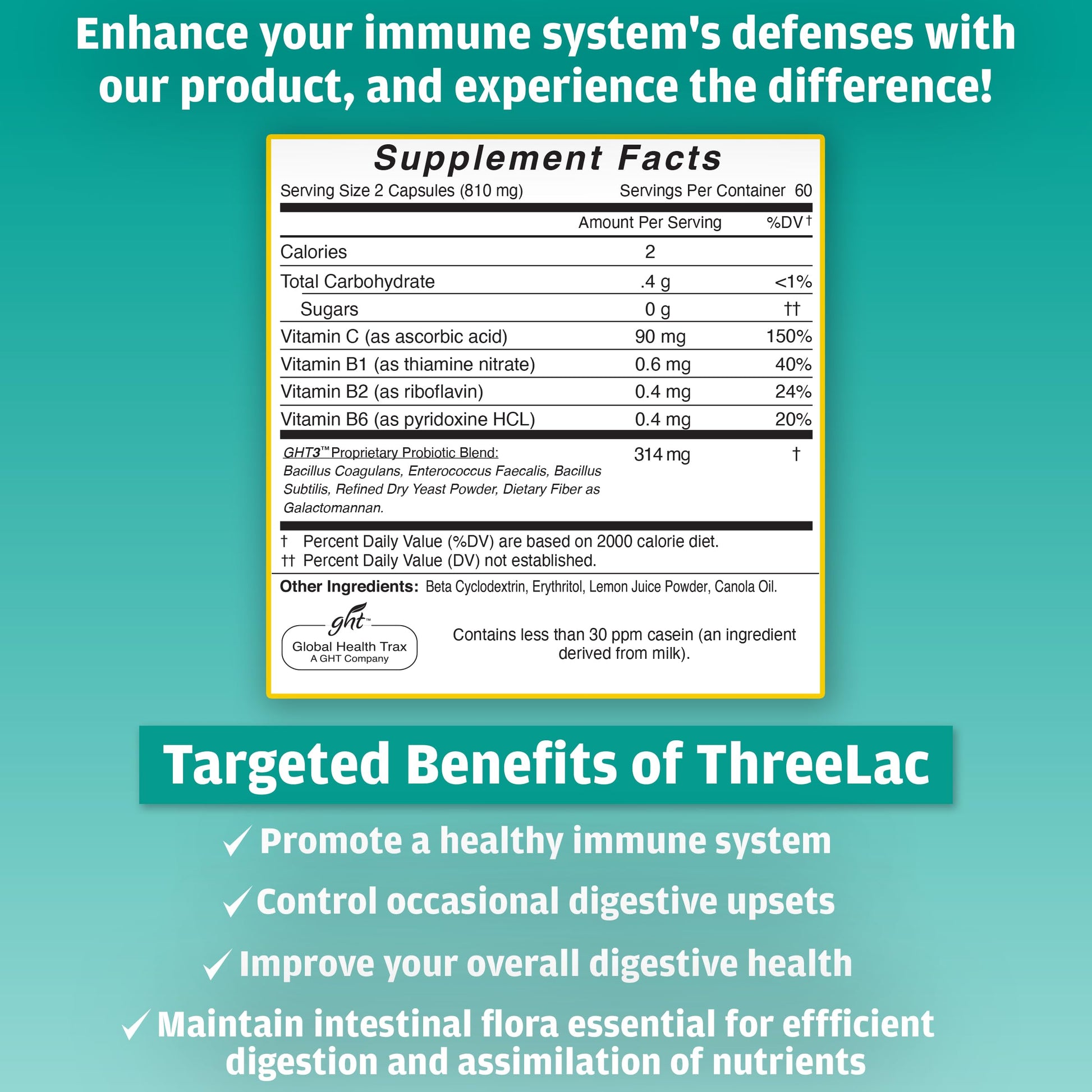 Global Health Trax GHT - ThreeLac Probiotic Capsules, 480 Count - Comprehensive Digestive Support for Men, Women, and Children - Immune System and Gut Balance, Non-GMO ght Global Health TraxAu supplements