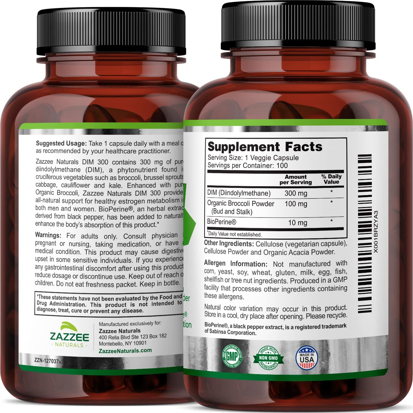 Zazzee Extra Strength DIM 300, 10 mg BioPerine and 300 mg DIM per Capsule, 100 Vegan ZazzeeUS supplements