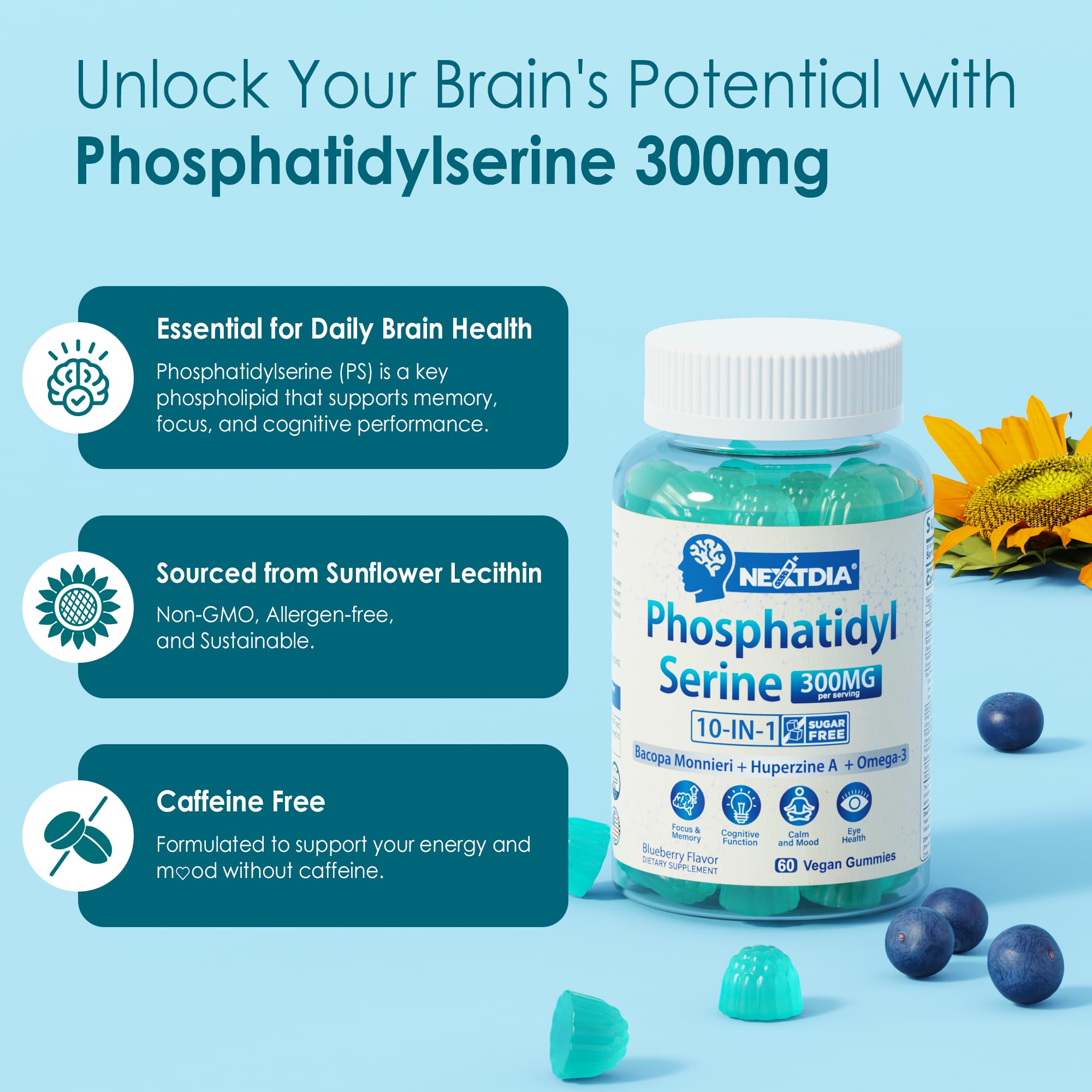 Phosphatidylserine - Nootropic Brian Supplement, Focus & Energy Gummies+ Bacopa Monnieri, Omega 3, Huperzine A, Methyl B12 & B6 for Seniors, Gamers, Workers, Non-GMO, Caffeine-Free, Sugar Free, 2 Pack NextdiaAu supplements