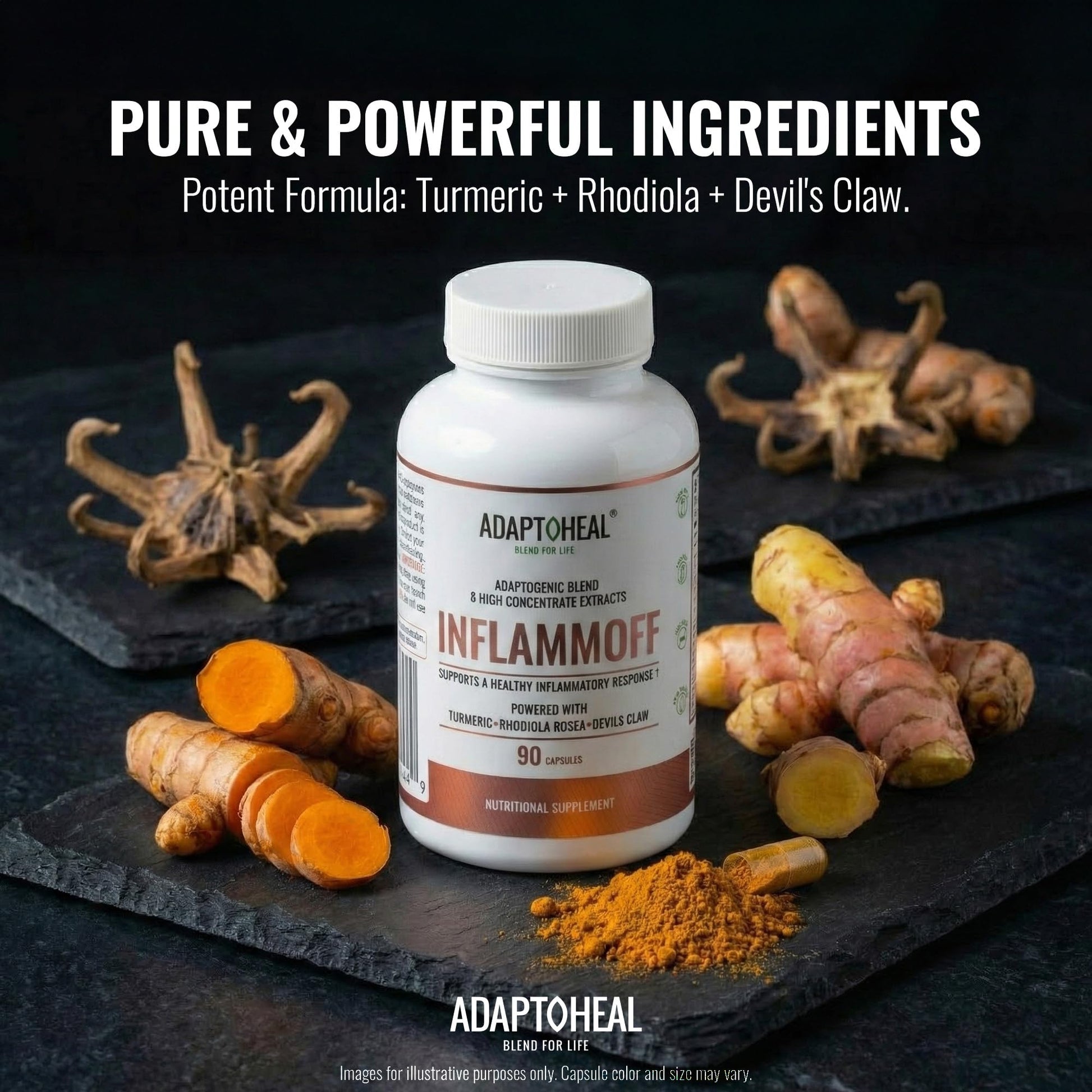 ADAPTOHEAL Inflammoff - Adaptogenic Supplement Designed to Support Joint, Muscle and Tissue Inflammation Naturally, 8 Highly Concentrated extracts with Turmeric and Rhodiola rosea (90 Capsules) ADAPTOHEALAu supplements