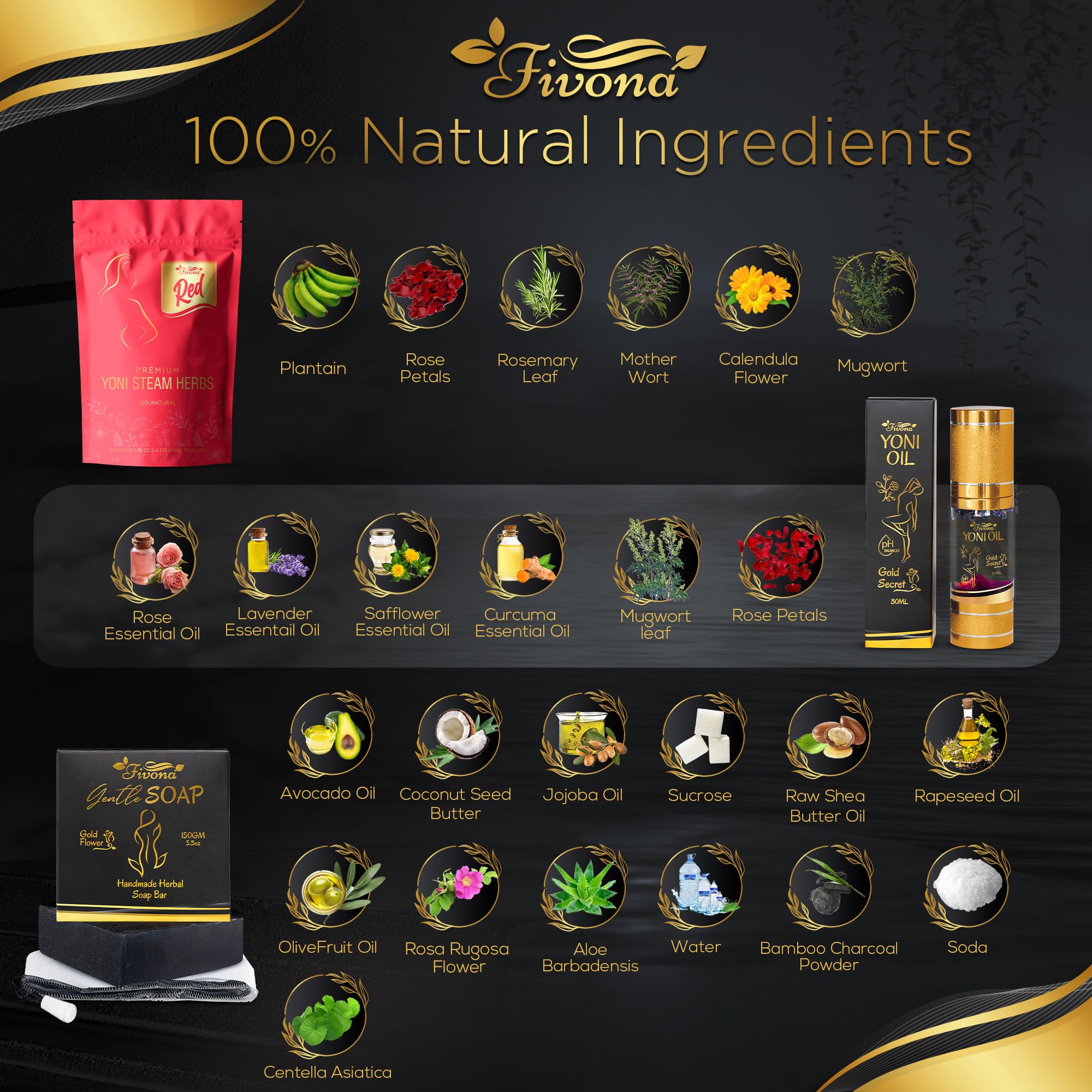 Fivona 4-in-1 Feminine Care Kit, Yoni Oil, Yoni Soap, Yoni Steaming Pot and Red Premium V Steam Herbs FIVONAAu supplements
