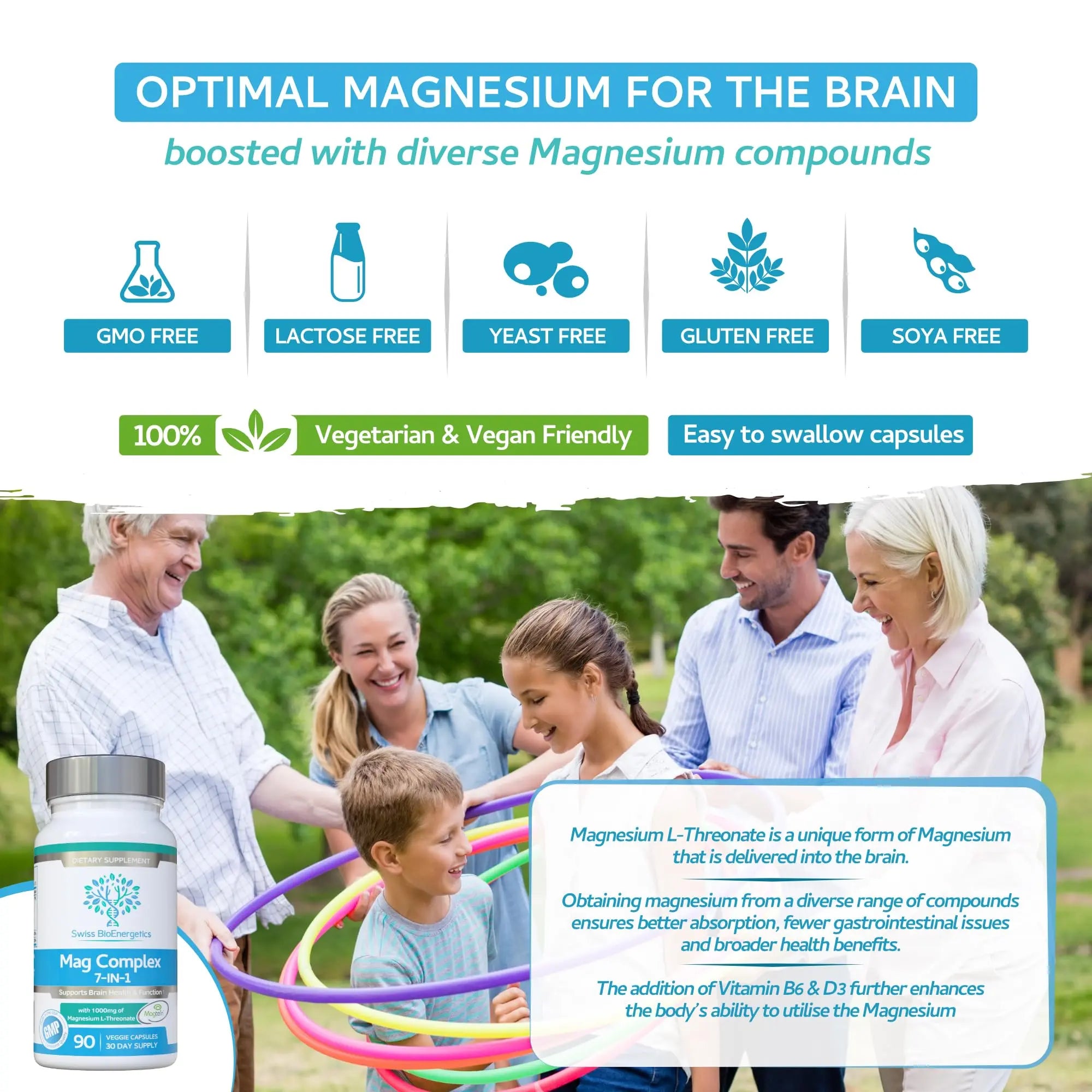 Magnesium L-Threonate Complex 7-in-1 with 1000mg of Magtein Plus Magnesium as Bisglycinate, Taurate, Citrate, Gluconate, Malate & Lactate - Supports Sleep - Vegan, US Made and No Artificial Nasties swiss bioenergeticsnz supplements