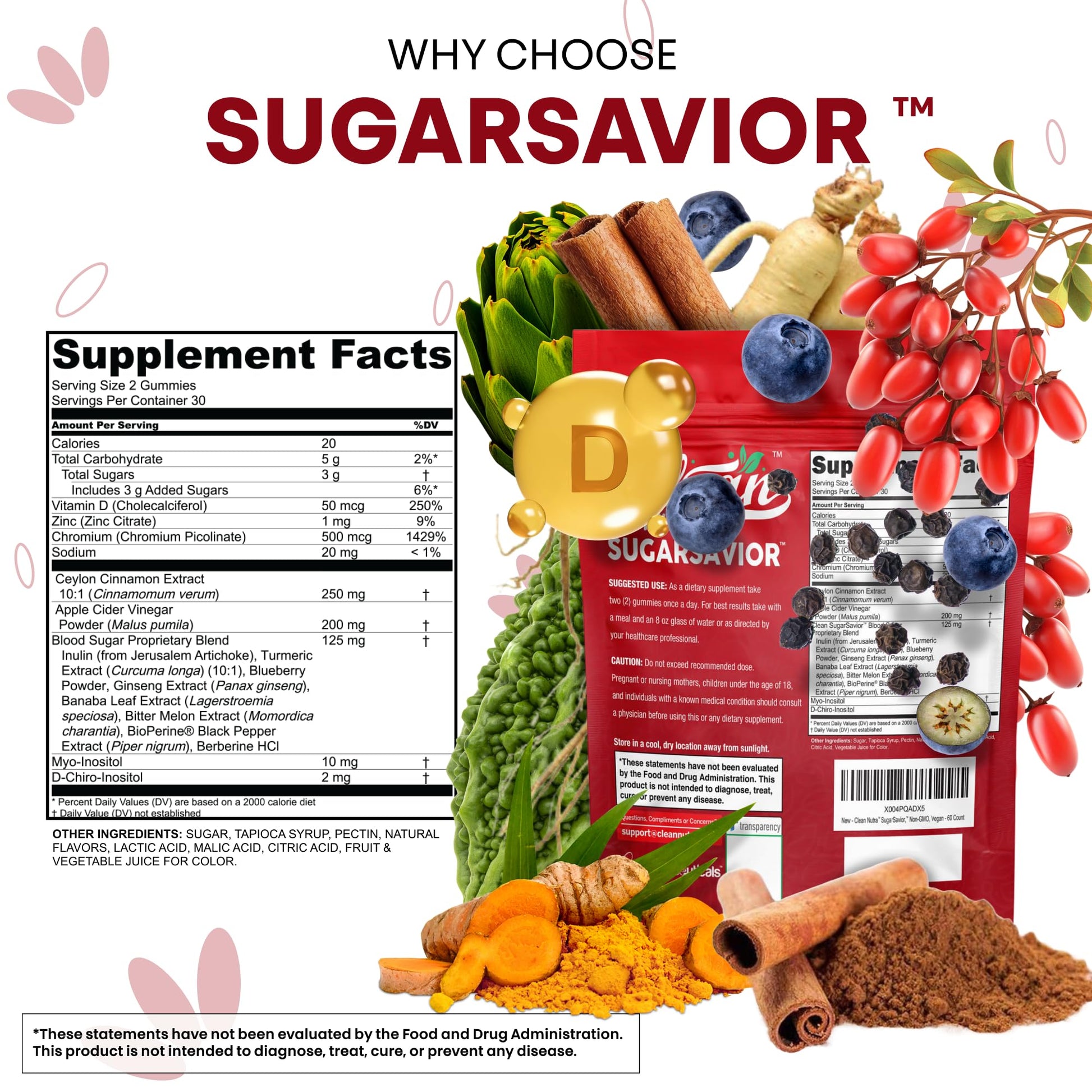 Sugar Savior Ceylon Cinnamon Berberine Gummies Apple Cider Vinegar Artichoke Turmeric Blueberry Ginseng Banaba Bitter Melon Black Pepper Vitamin D Zinc GLP1 Gummies 60 Count by Clean Nutra Clean NutraceuticalsAu supplements