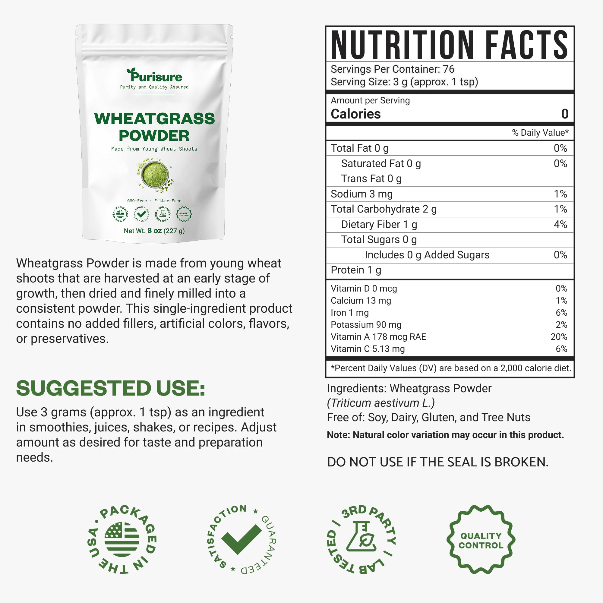 Purisure Wheatgrass Powder, 8oz, Wheat Grass Powder, Green Superfood for Salads, Smoothie and Shakes, Superfood Powder Rich in Immunity Vitamins, Fiber and Minerals, 76 Servings PurisureAu supplements