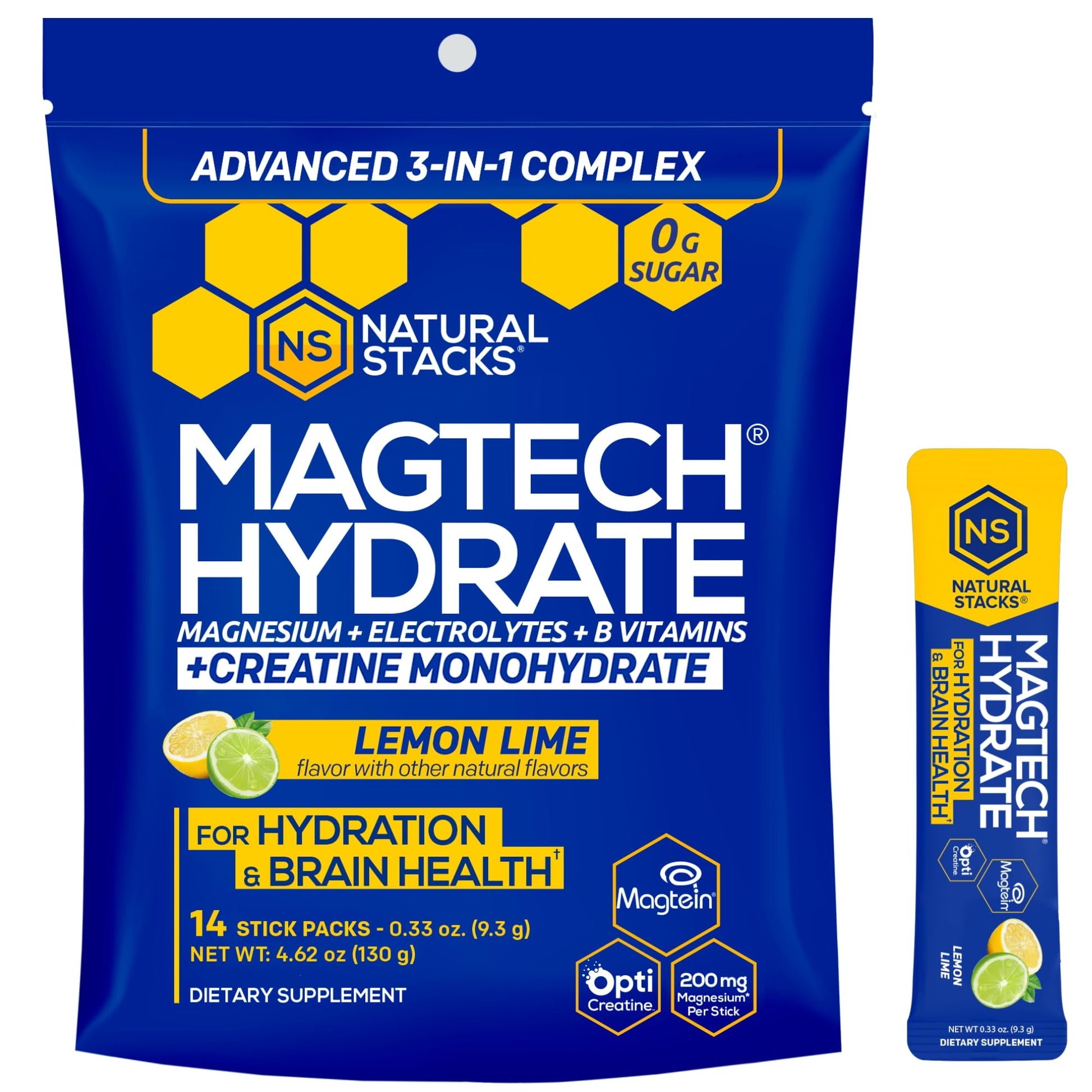 NATURAL STACKS Magtech Magnesium Hydrate + Creatine - Sugar Free Electrolyte Drink - Magtein Magnesium L-Threonate, Glycinate & Taurate - Supports Hydration & Cellular Energy - 14 Hydration Packets NATURAL STACKSAu supplements