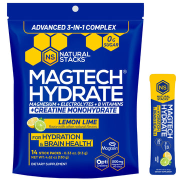 NATURAL STACKS Magtech Magnesium Hydrate + Creatine - Sugar Free Electrolyte Drink - Magtein Magnesium L-Threonate, Glycinate & Taurate - Supports Hydration & Cellular Energy - 14 Hydration Packets NATURAL STACKSAu supplements