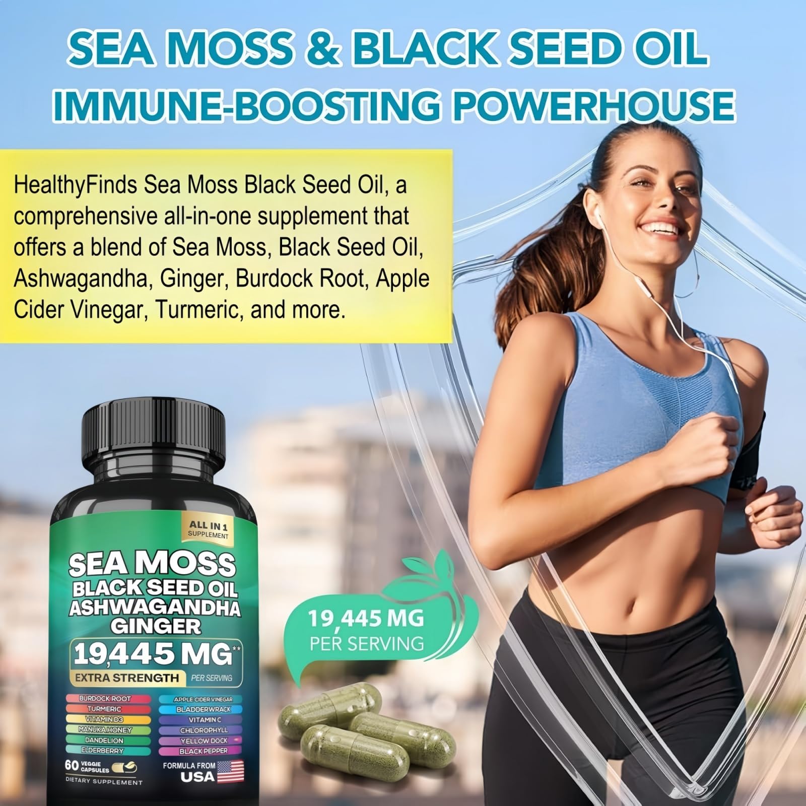HealthyFinds Sea Moss Black Seed Oil Ashwagandha Ginger Capsules with Turmeric Bladderwrack Burdock & Vitamin C Vitamin D3 with Elderberry Manuka Dandelion Yellow Dock Iodine Chlorophyll ACV HealthyFindsAu supplements
