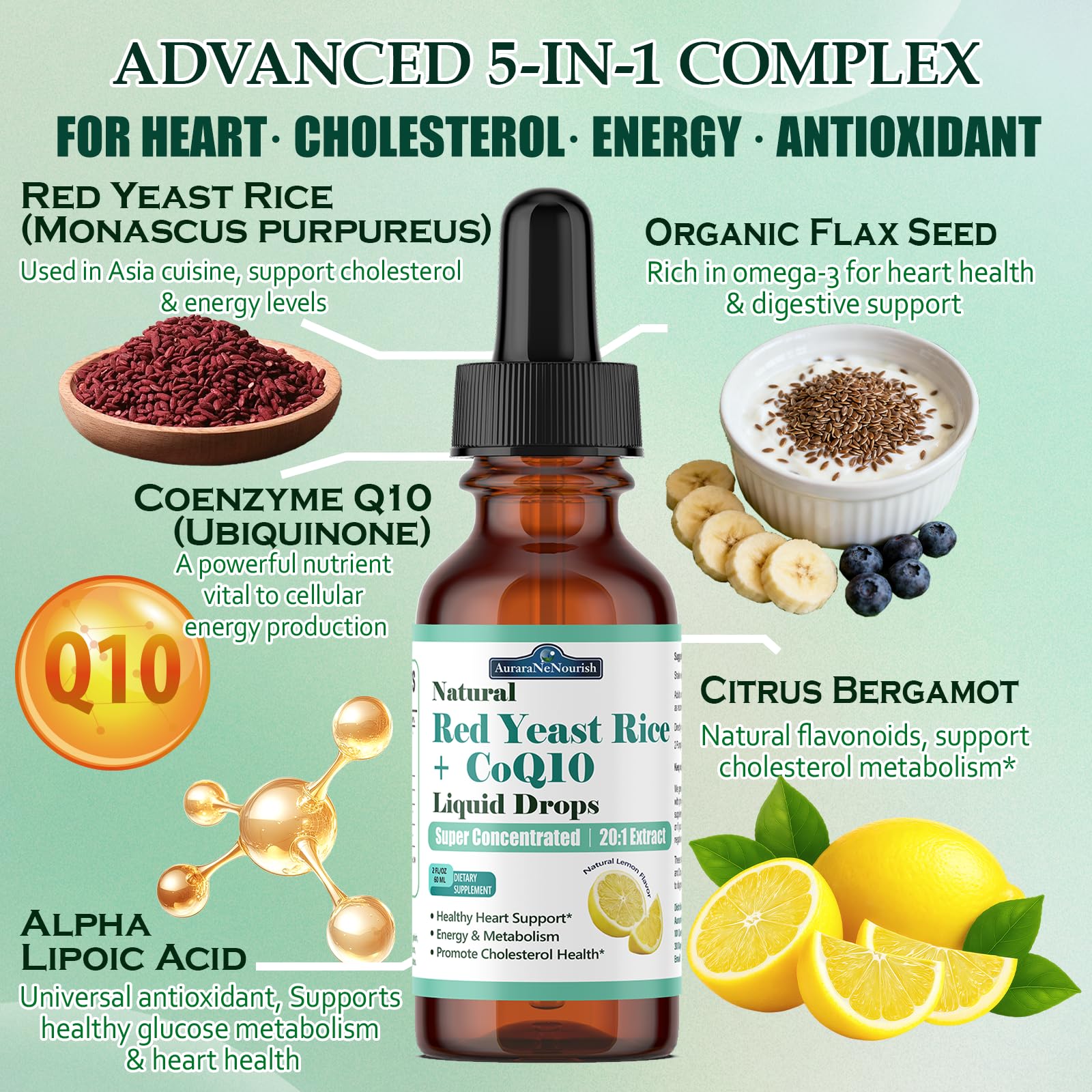 Liposomal Red Yeast Rice with Coq10 Liquid Drops, 5-in-1 Extra Strength 1200mg Cholesterol & Heart Support w. Citrus Bergamot Alpha Lipoic Acid | Cholesterol Lowering Supplement | GMO & Citrinin Free AuraraNeNourishAu supplements