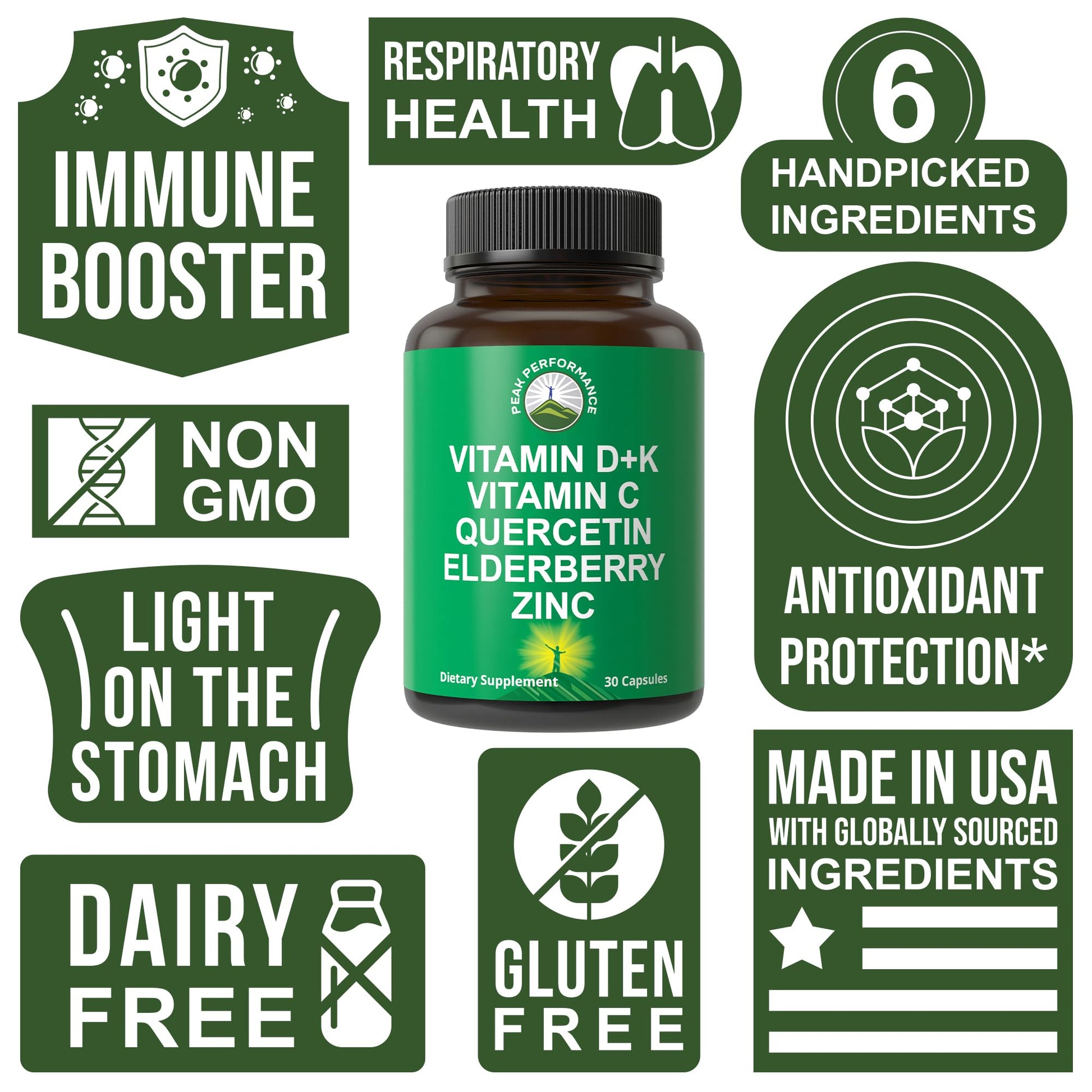 Immune Support Supplement with 6 Top Ingredients. Vitamin D3 K2 + Vitamin C + Elderberry + Zinc + Quercetin. Includes 5000 IU Vitamin D. Immunity Capsules. Supplements for Women and Men Peak PerformanceAu supplements
