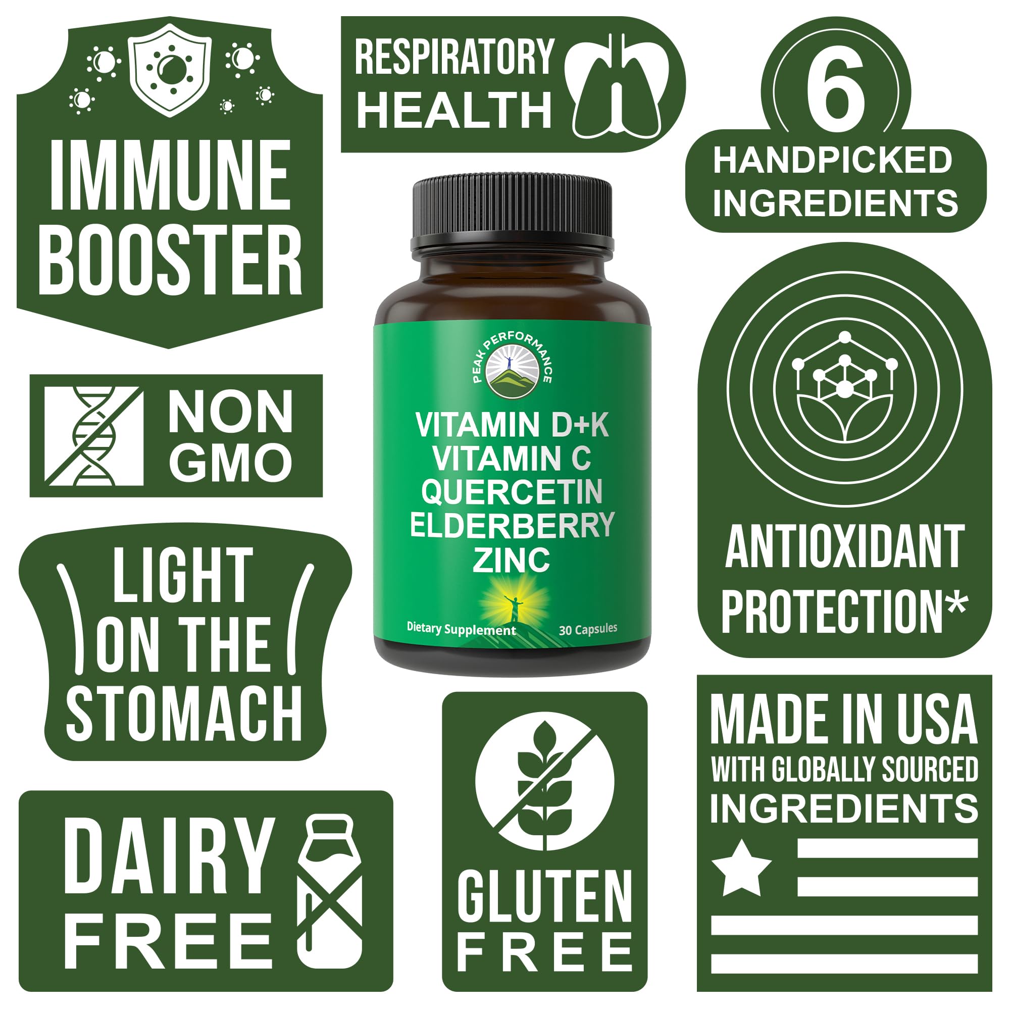 Immune Support Supplement with 6 Top Ingredients. Vitamin D3 K2 + Vitamin C + Elderberry + Zinc + Quercetin. Includes 5000 IU Vitamin D. Immunity Capsules. Supplements for Women and Men Peak PerformanceAu supplements