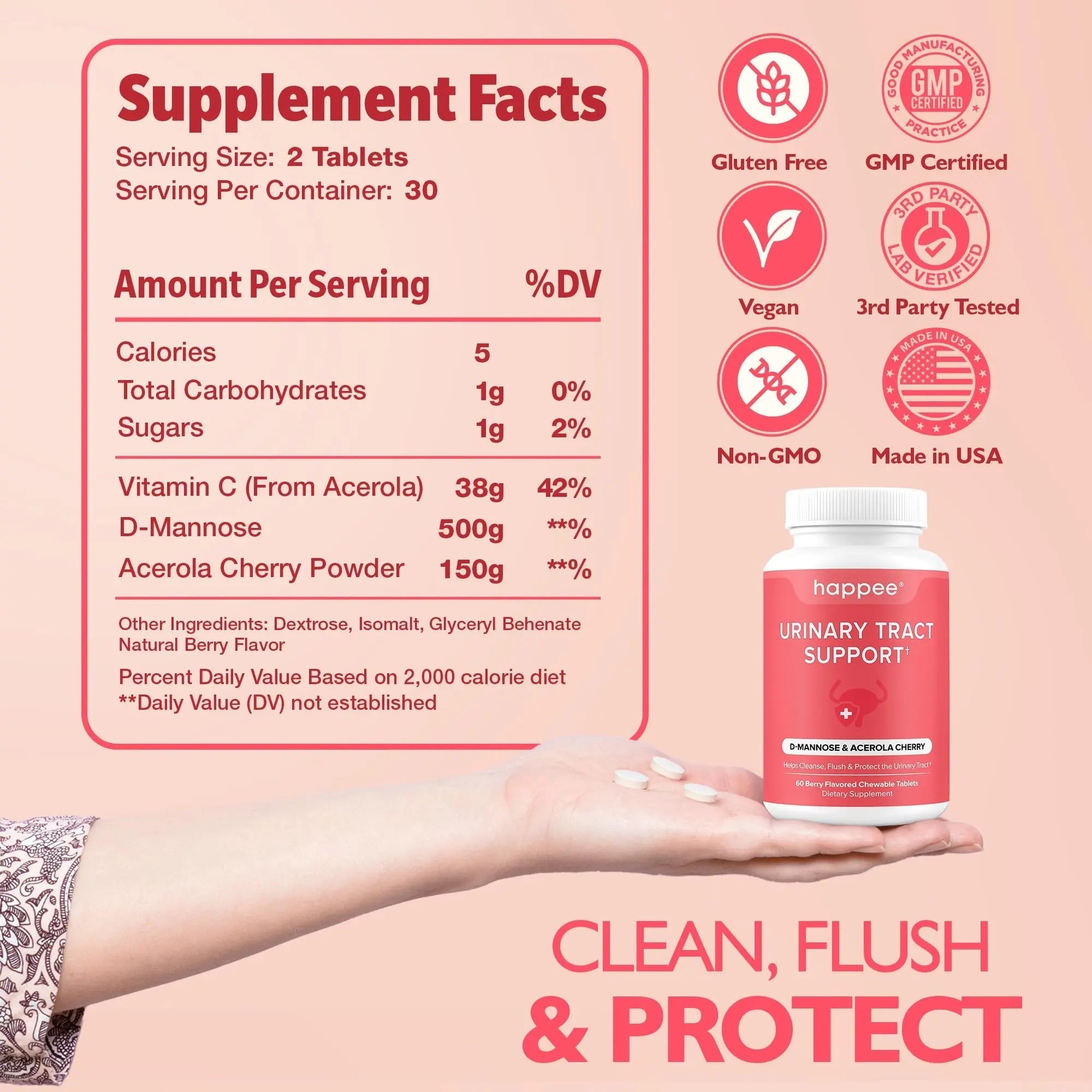 Happee Urinary Tract Health Supplement for Women & Men – Fast-Acting UTI Relief and Prevention, 500mg D-Mannose & Antioxidants, Supports Kidney and Bladder Health, Berry Flavor, 60 Chewables HappeeAu supplements
