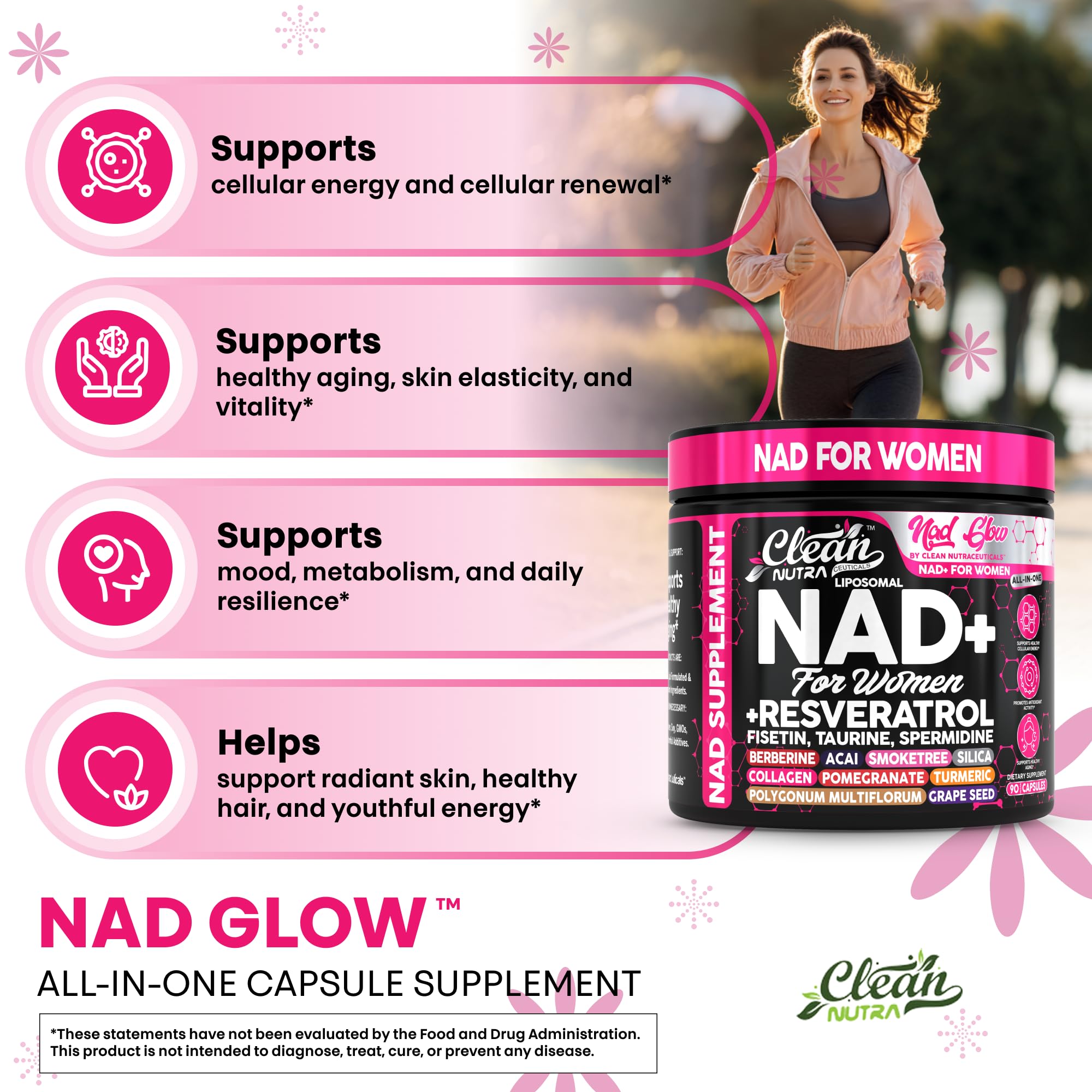 NAD+ Resveratrol Supplement for Women NAD Turmeric Vitamin C Acai Pomegranate Collagen Peptides Nicotinamide Riboside Fisetin Vitamin E Polygonum Multiflorum Berberine 90 Capsules by Clean Nutra Clean NutraceuticalsAu supplements