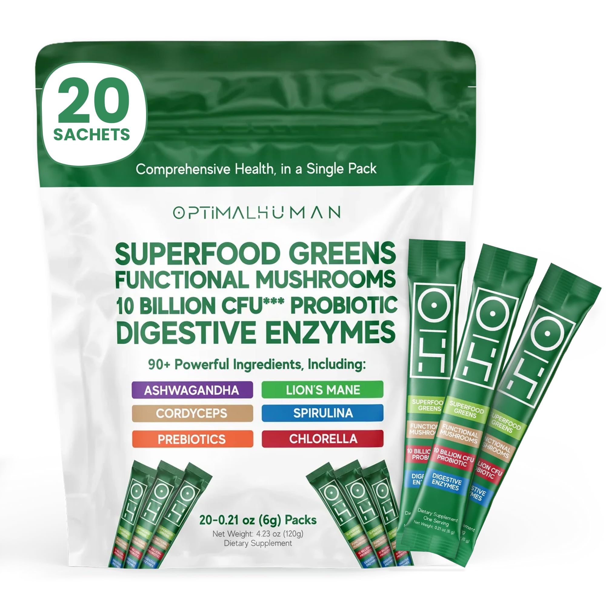 Optimal Human Superfood Greens Powder – 90+ Ingredient Blend with Lion’s Mane Supplement, Ashwagandha & Turmeric – Non-GMO, Soy-Free, Mushroom Supplements for Women – 20 Sachets O HAu supplements