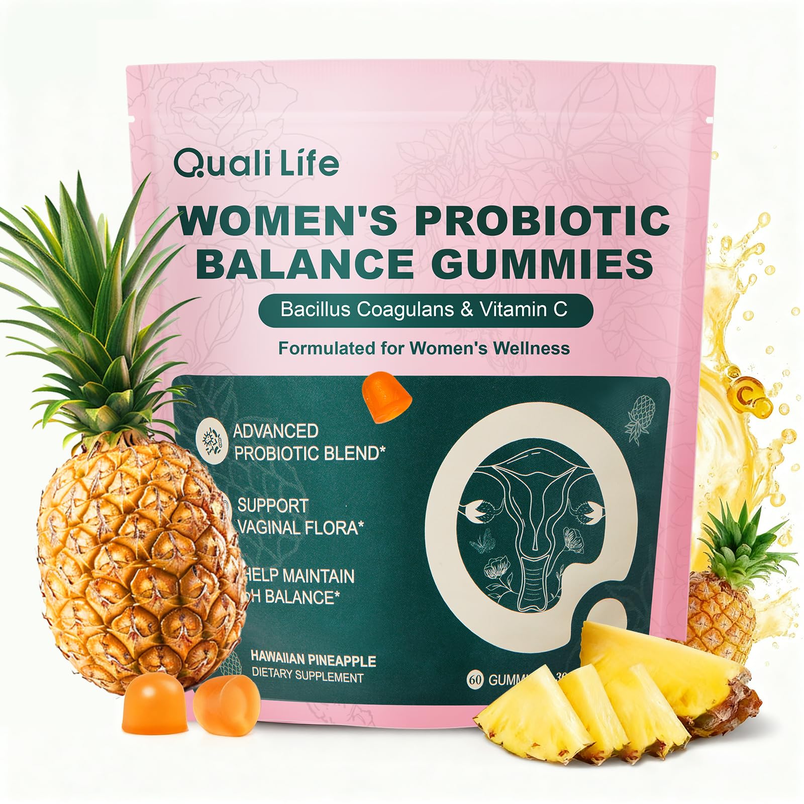 QualiLife Premium Feminine Balance Gummies for Women – Probiotic Vaginal Health Support with Vitamin C – pH Balance & Flora Support – Sugar Free, Vegan, Hawaiian Pineapple Flavor – 60 Gummies (1) QualiLifeAu supplements