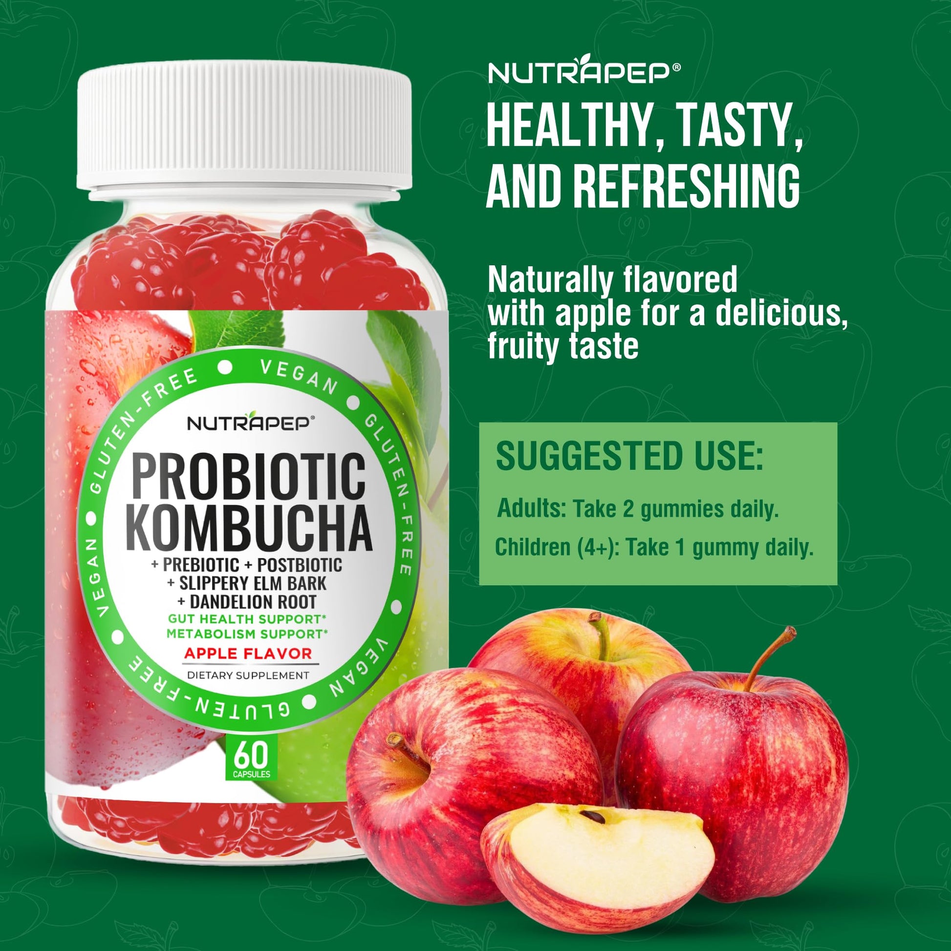 NutraPep Probiotic Kombucha Gummies - Women Men Probiotic Prebiotic Probiotic Blend for Gut Health Bloating Metabolism Support with Slippery Elm Bark Dandelion Root - Vegan Gluten Free Apple Flavor NutraPepAu supplements