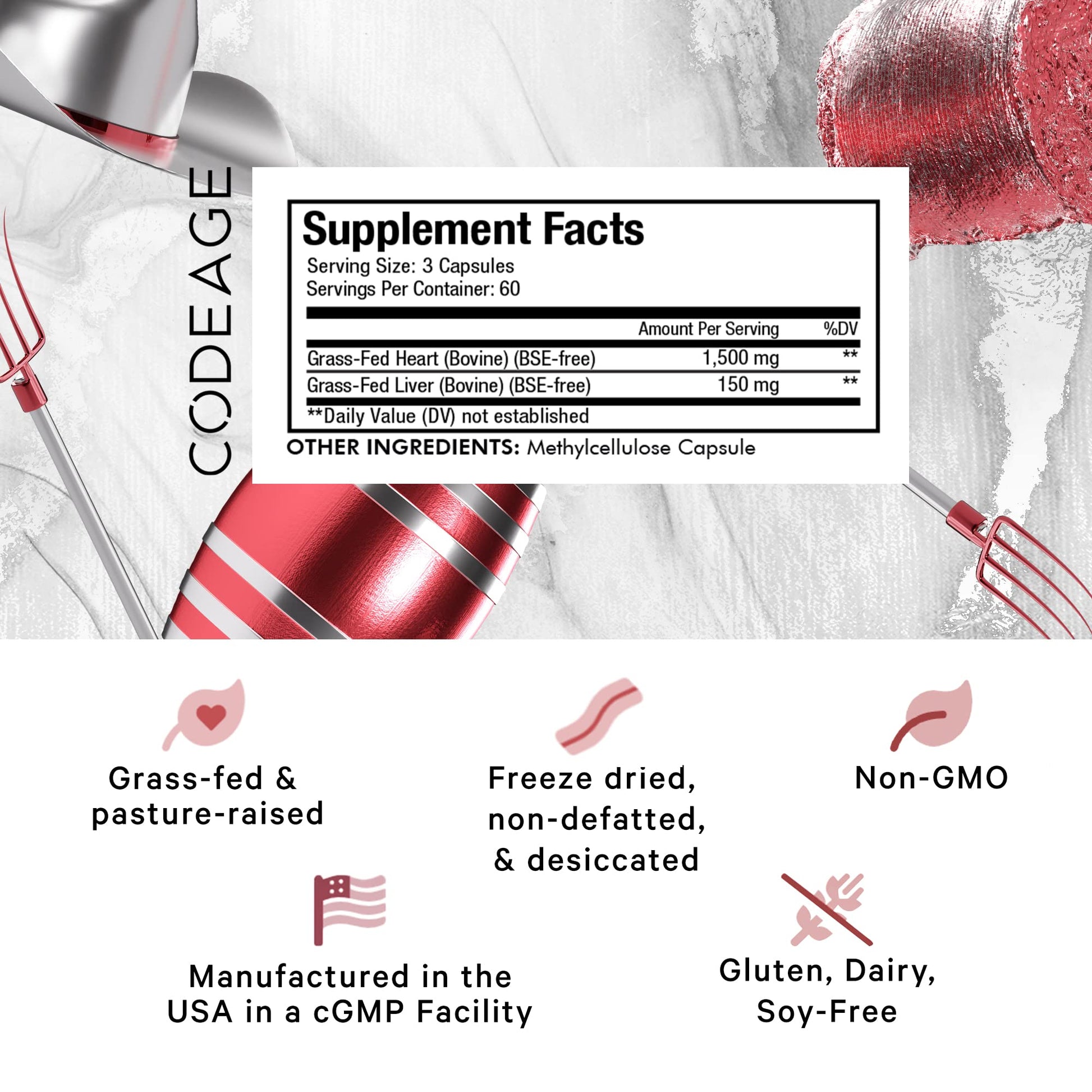 Codeage Grass Fed Beef Heart Supplement - Freeze Dried, Non-Defatted, Desiccated Glandular Supplements - Bovine Meat & Liver Pills - Beef Vitamins for Heart - Non-GMO -180 Capsules CodeageAu supplements