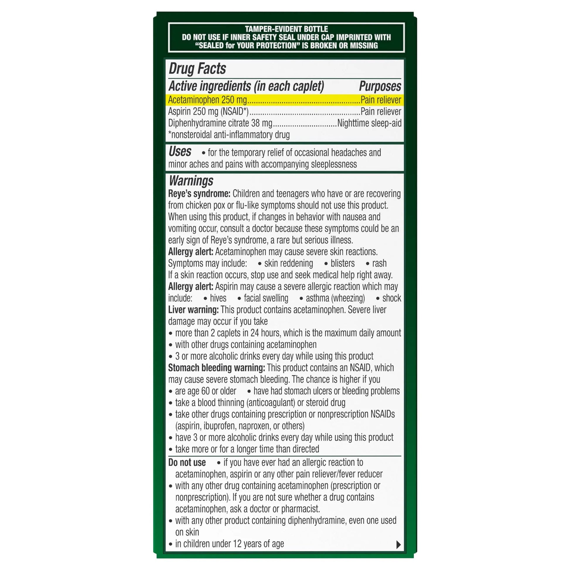 Excedrin PM for Headache Relief, Acetaminophen 250mg, Aspirin 250mg, Diphenhydramine Citrate 38mg, Pain Reliever, Nighttime Sleep-Aid, 100 Count ExcedrinAu supplements