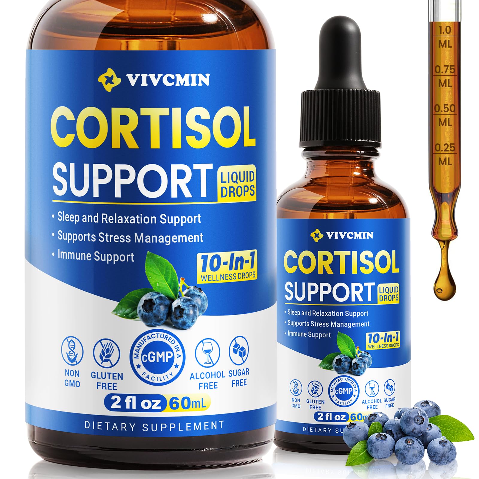 vivcmin 10 in 1 Cortisol Supplements for Women & Men, Cortisol Reducer with Ashwagandha, Magnesium, L-Theanine, Hormone Balance Drops - Sleep & Mood Support, 2 Fl Oz, Blueberry Flavor vivcminAu supplements