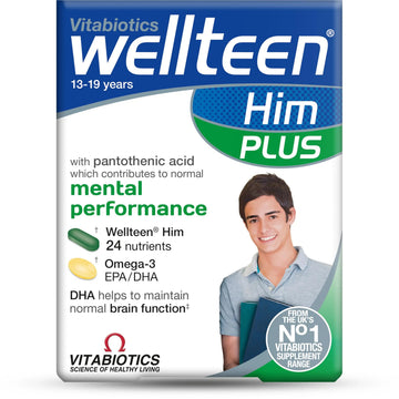 Vitabiotics Wellteen Him Plus Omega-3 - Maximum Nutritional Support for Teenagers and Young Men Ages 13-19 - 56 Tablets and Capsules WellteenAu supplements