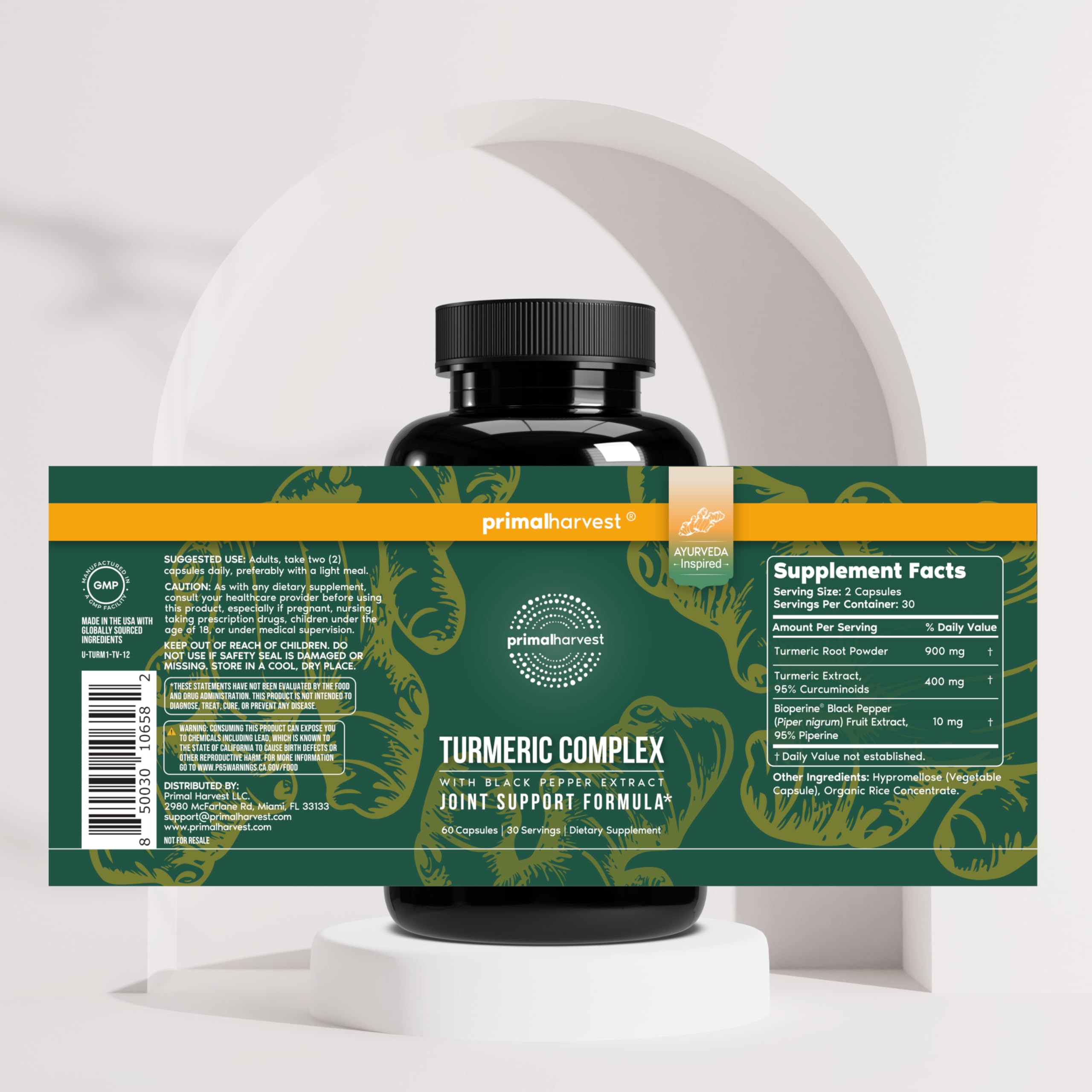 Primal Harvest 1 Pack, Primal Turmeric Complex w/Black Pepper Extract, Joint and Mobility Support Turmeric Supplement for Women & Men, 60 Capsules Primal HarvestAu supplements