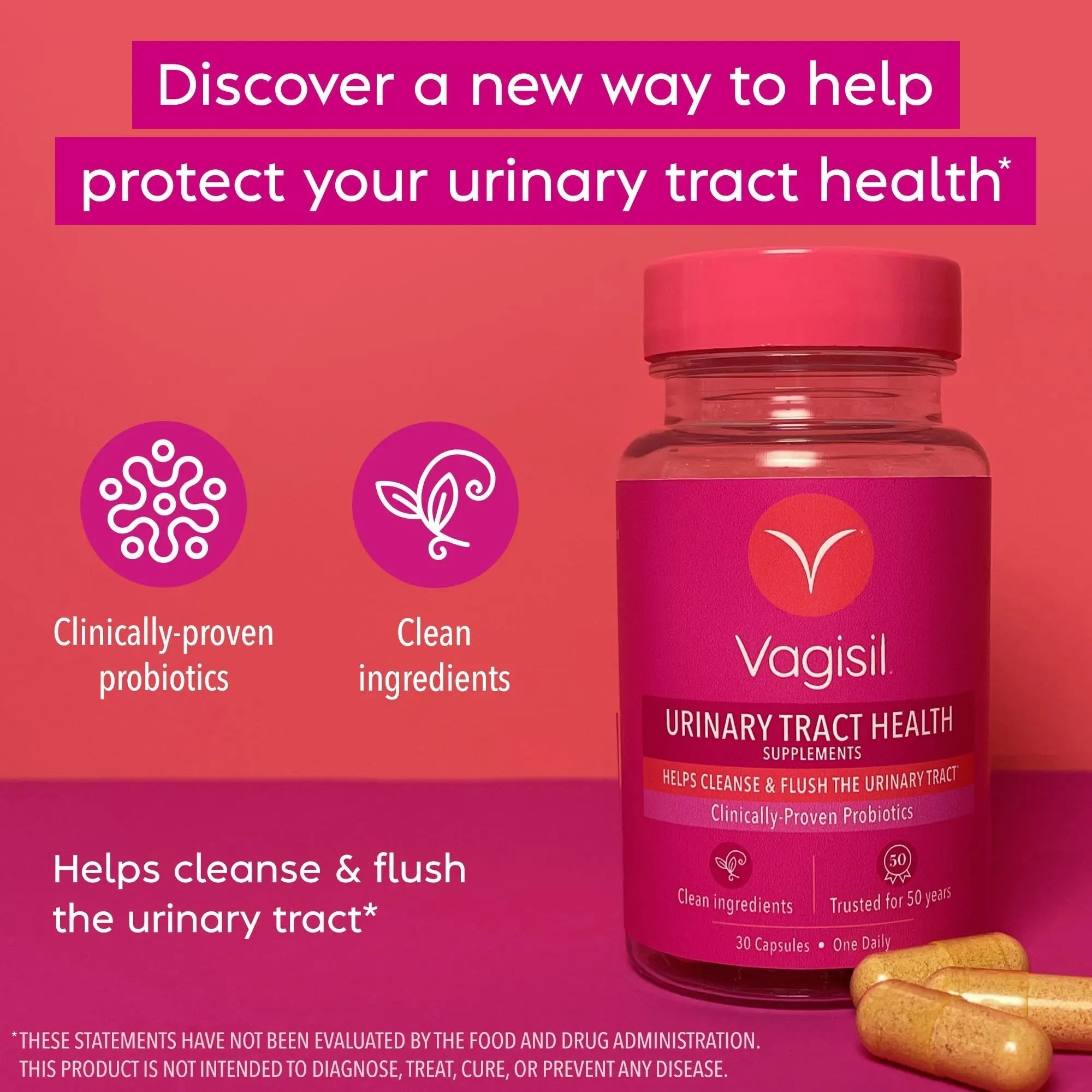 Vagisil Urinary Tract Health Supplements, Clinically-Proven Probiotics, Protects Urinary Tract Health, Clean Ingredients, Helps Cleanse and Flush UTI-Causing Bacteria, 1 Capsule Daily, 30 Capsules VagisilAu supplements