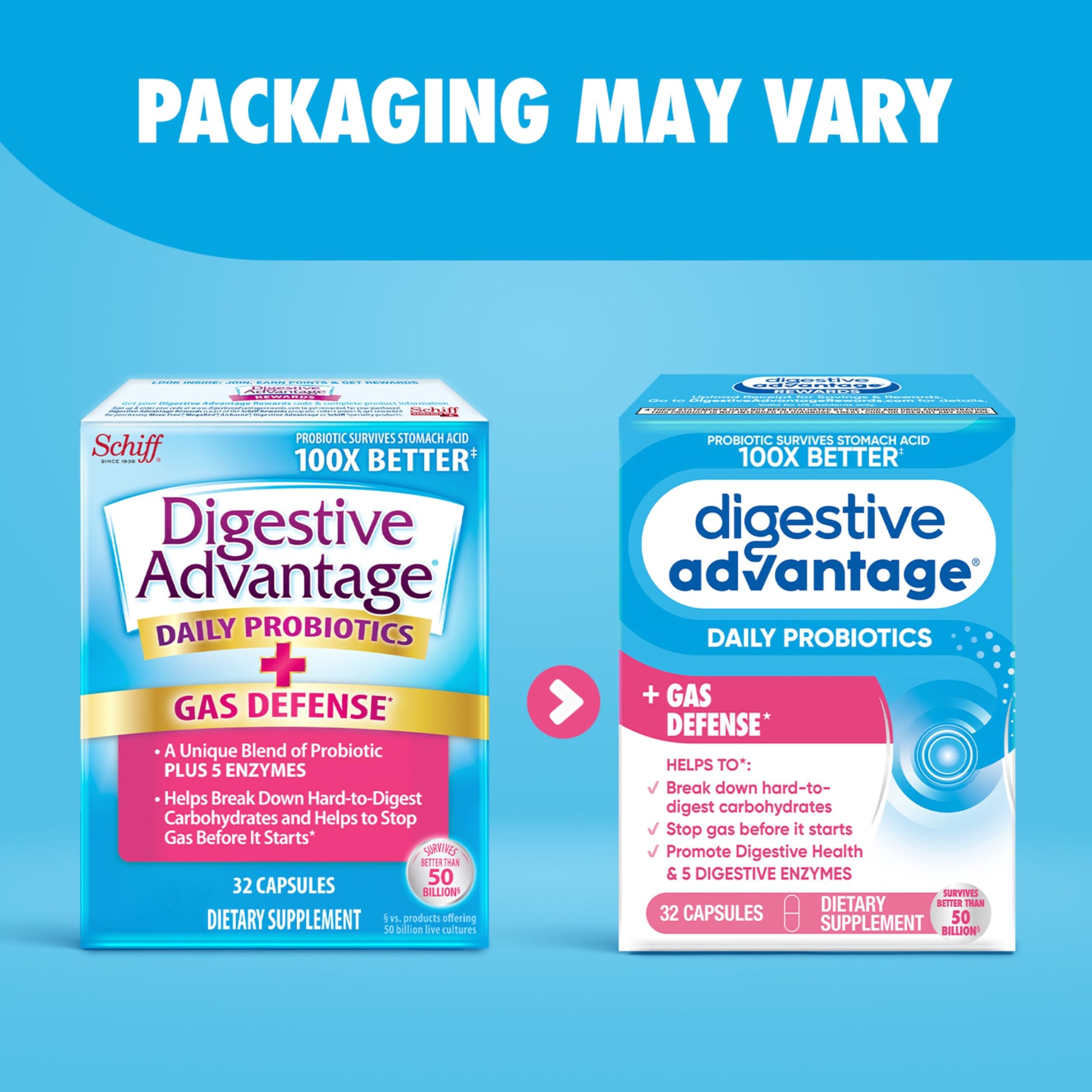 Digestive Enzyme and Probiotic Capsule- Digestive Advantage 32 Capsules, Survives 100x Better than regular 50 billion CFU, Breaks down food, helps prevent gas Digestive AdvantageAu supplements