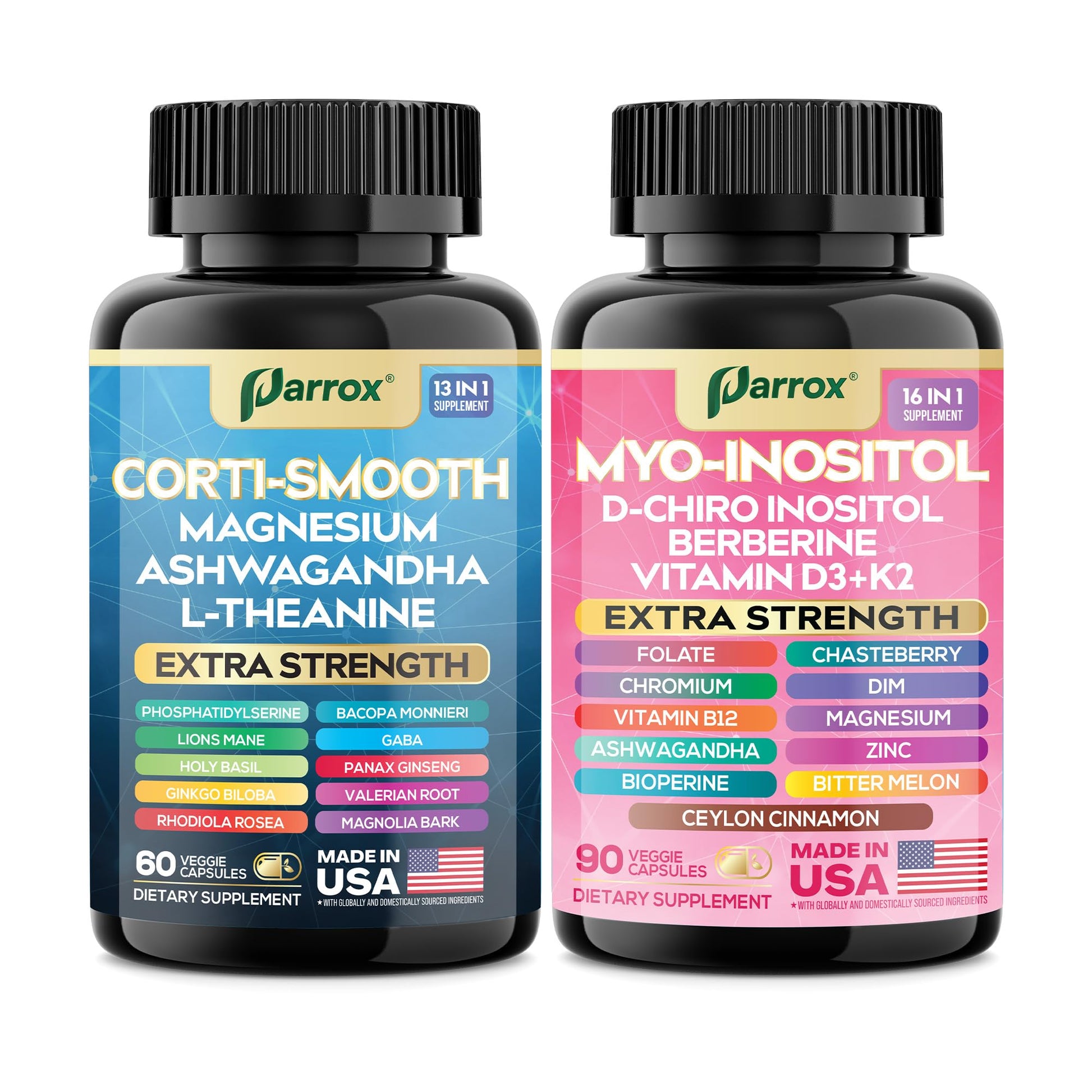 Parrox Cortisol & Myo-Inositol Supplement Bundle, Soothe & Smooth Bundle, 13-in-1 Cortisol Balance, Magnesium, Ashwagandha, L-Theanine, D-Chiro Inositol, Folate, Berberine, Chasteberry (150 Capsules) ParroxAu supplements