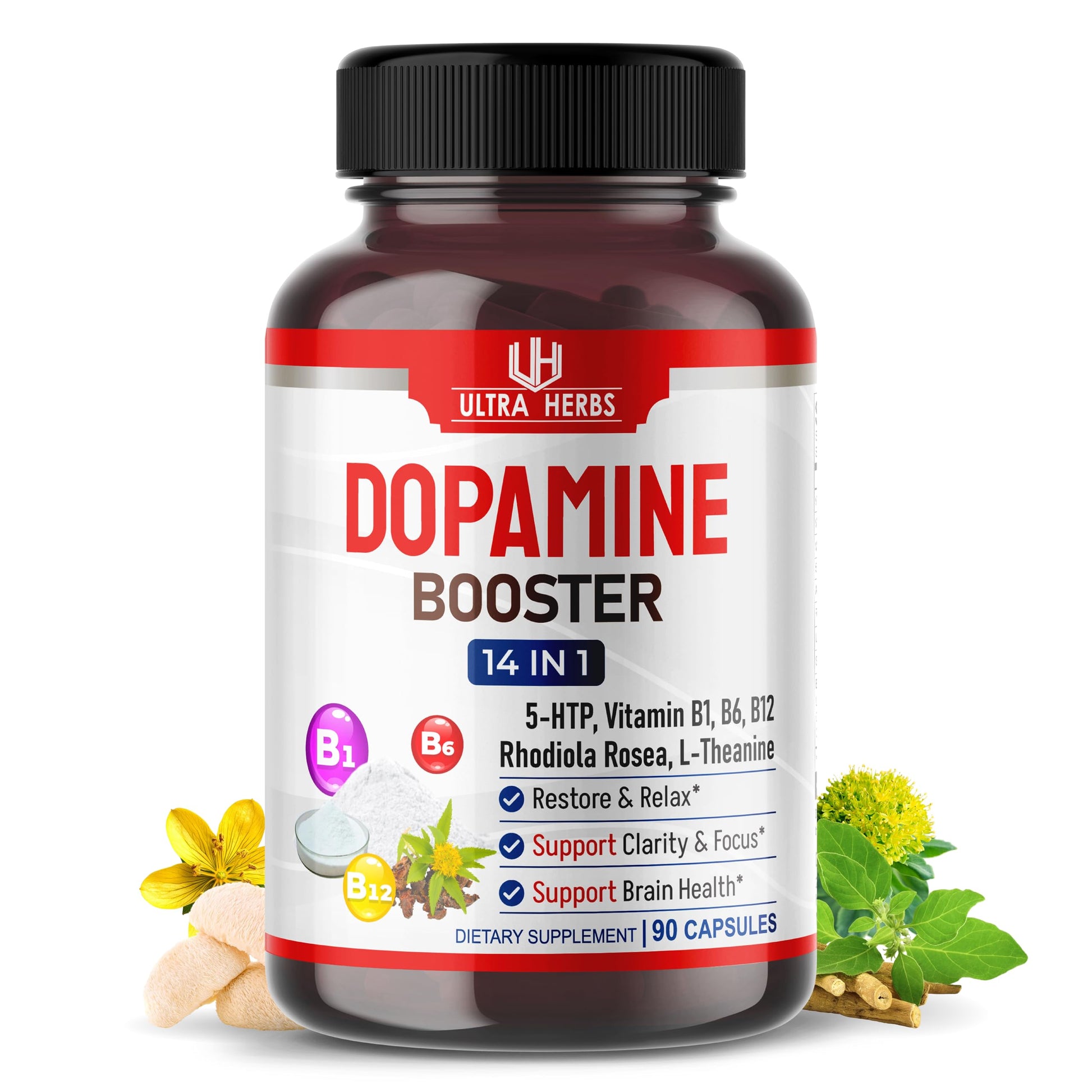 Dopamine Focus Supplement Ashwagandha 5-HTP Rhodiola Rosea St. John's Wort - Increase Memory Clarity Focus Restore Relax with VIT B1, B6, B12, L-Theanine ULTRA HERBSAu supplements