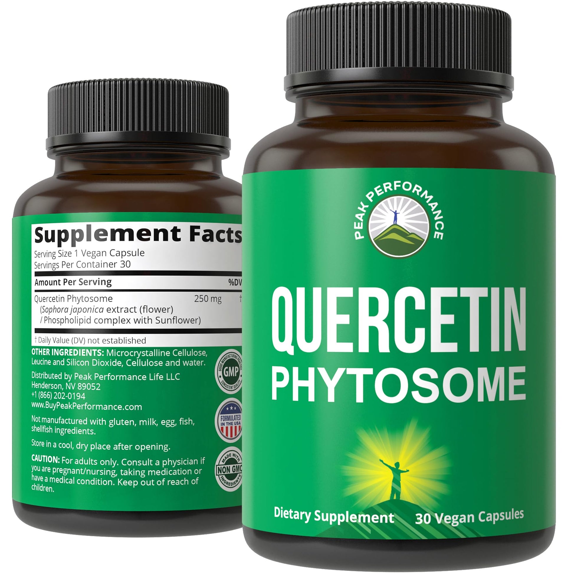 Peak Performance Ultra Pure Quercetin Phytosome Vegan Capsules - Rich Sophora Japonica Extract for Max Absorption Now. Quercetin 250mg Supplement Capsules. Made in USA Peak PerformanceAu supplements