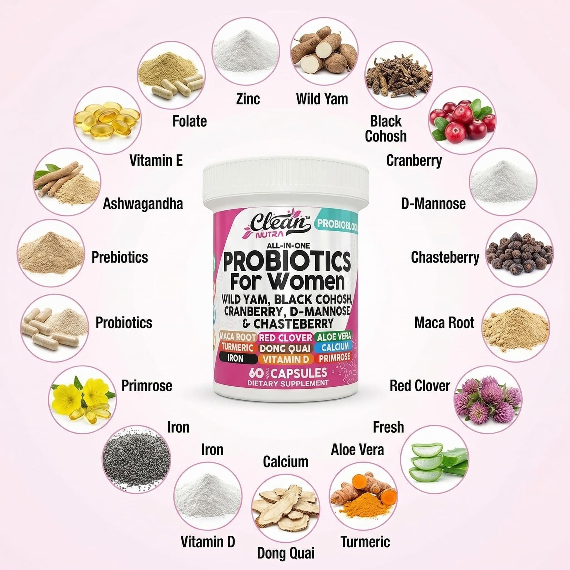 Clean Nutraceuticals Probiotics for Women with D Mannose, Cranberry Extract, Wild Yam, Chasteberry - 20 Probiotic and Prebiotic Strains - PH Balance, Womens Probiotic for Digestive Health - 60 Count Clean NutraceuticalsAu supplements