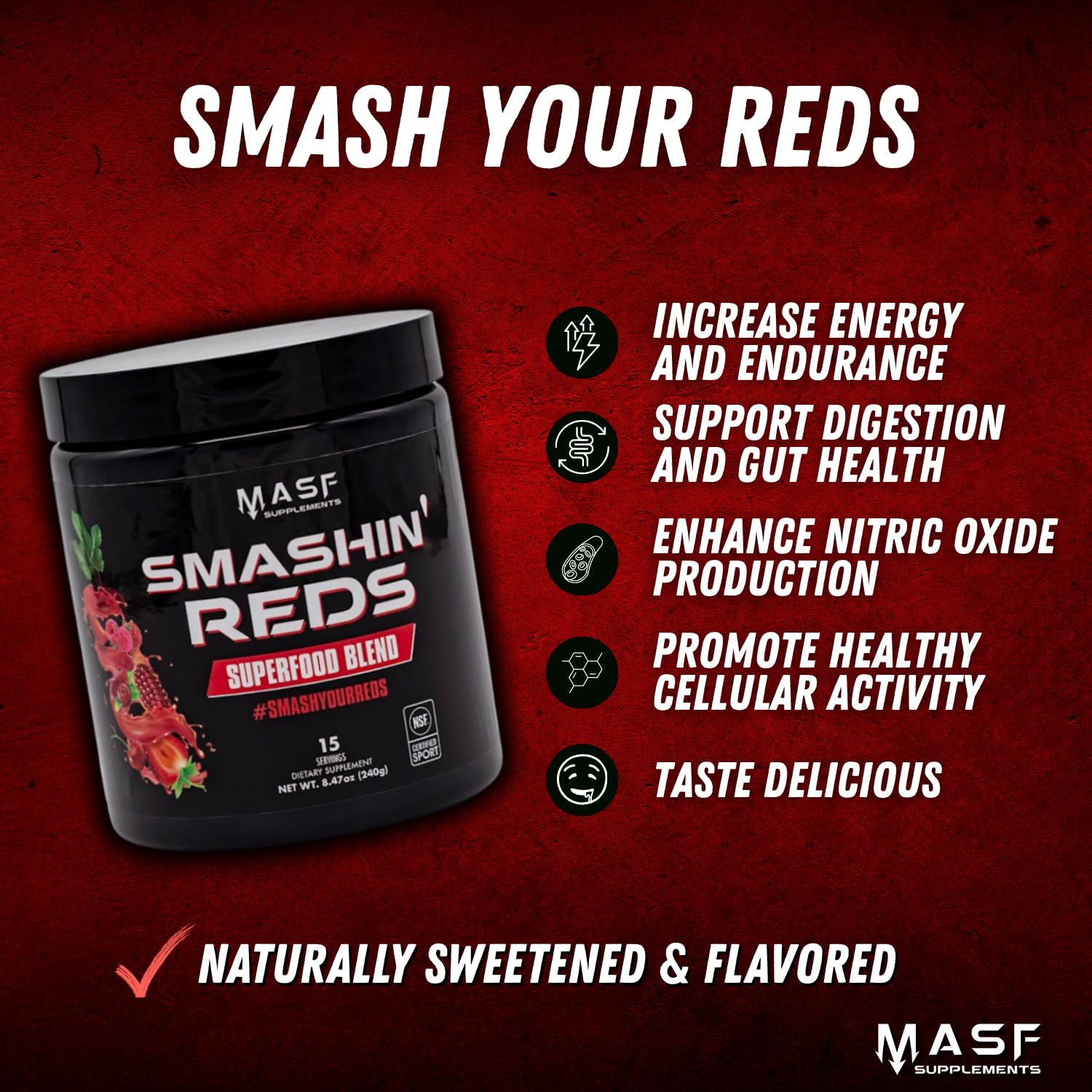 MASF Smashin' Reds Organic Superfood Supplements - 15 Servings - NSF Sport, Super Reds for Digestive Health, Energy, Endurance, Beet Root, Maca, Turmeric, Ginger, Acai, Nitric Oxide Production MASFAu supplements