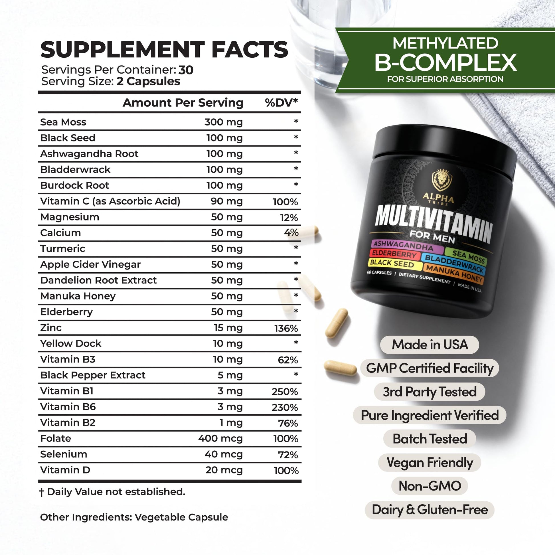 Alpha Tribe Multivitamin for Men with Seamoss Black Seed Oil Ashwagandha Burdock Root, Turmeric Bladderwrack, Vitamin C, Elderberry, Manuka, Yellow Dock | Daily Men's Vitamins and Minerals Supplement Alpha TribeAu supplements