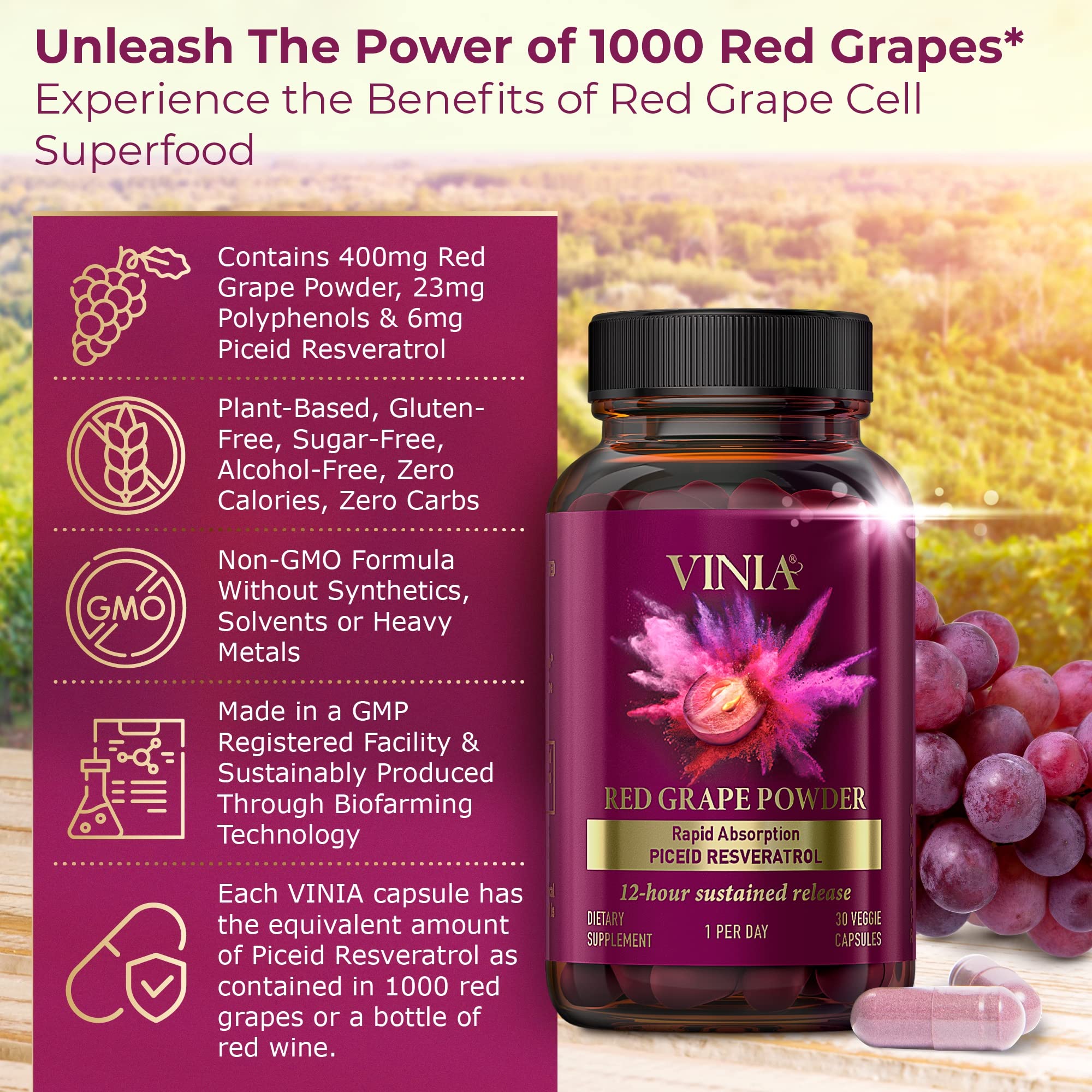 VINIA 12-Hour Sustained Release Piceid Resveratrol Supplement. Nitric Oxide Supplement VINIAUS supplements