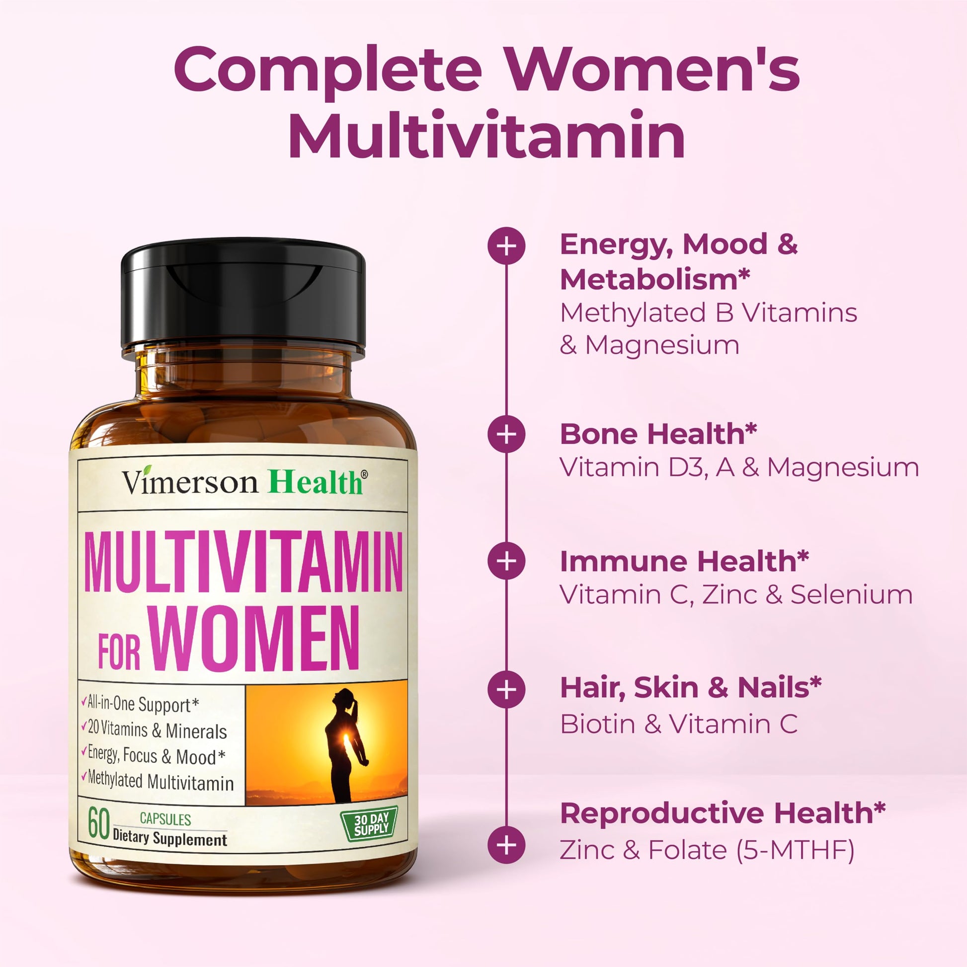 Methylated Multivitamin for Women w/Bioavailable Vitamins, Chelated Minerals, Vitamin D, B12, C, A & Zinc for Energy, Focus and Immune Health Vimerson HealthUS supplements