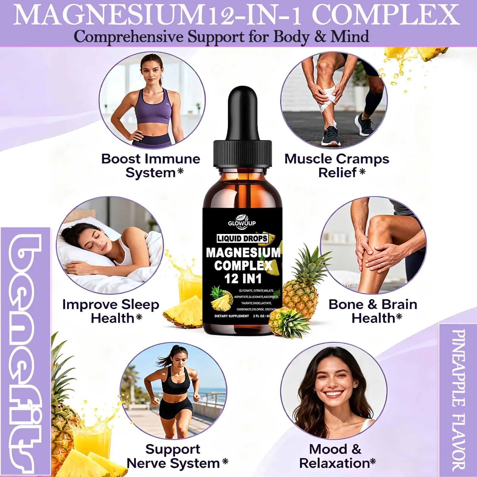 Magnesium 12 in 1 Complex 1000mg Supplement for Women & Men, High Absorption Liquid Magnesium W/Glycinate Citrate Malate Taurate Oxide Aspartate Orotate, Calm Magnesium for Sleep Muscle Heart Support GLOVVUUPnz supplements