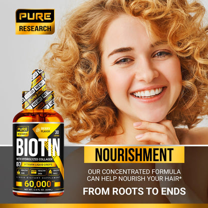 PURE RESEARCH Liquid Biotin & Collagen Hair Growth Drops 60,000mcg – Biotin and Liquid Collagen Supplements for Women & Men – Supports Glowing Skin PURE RESEARCHUS supplements