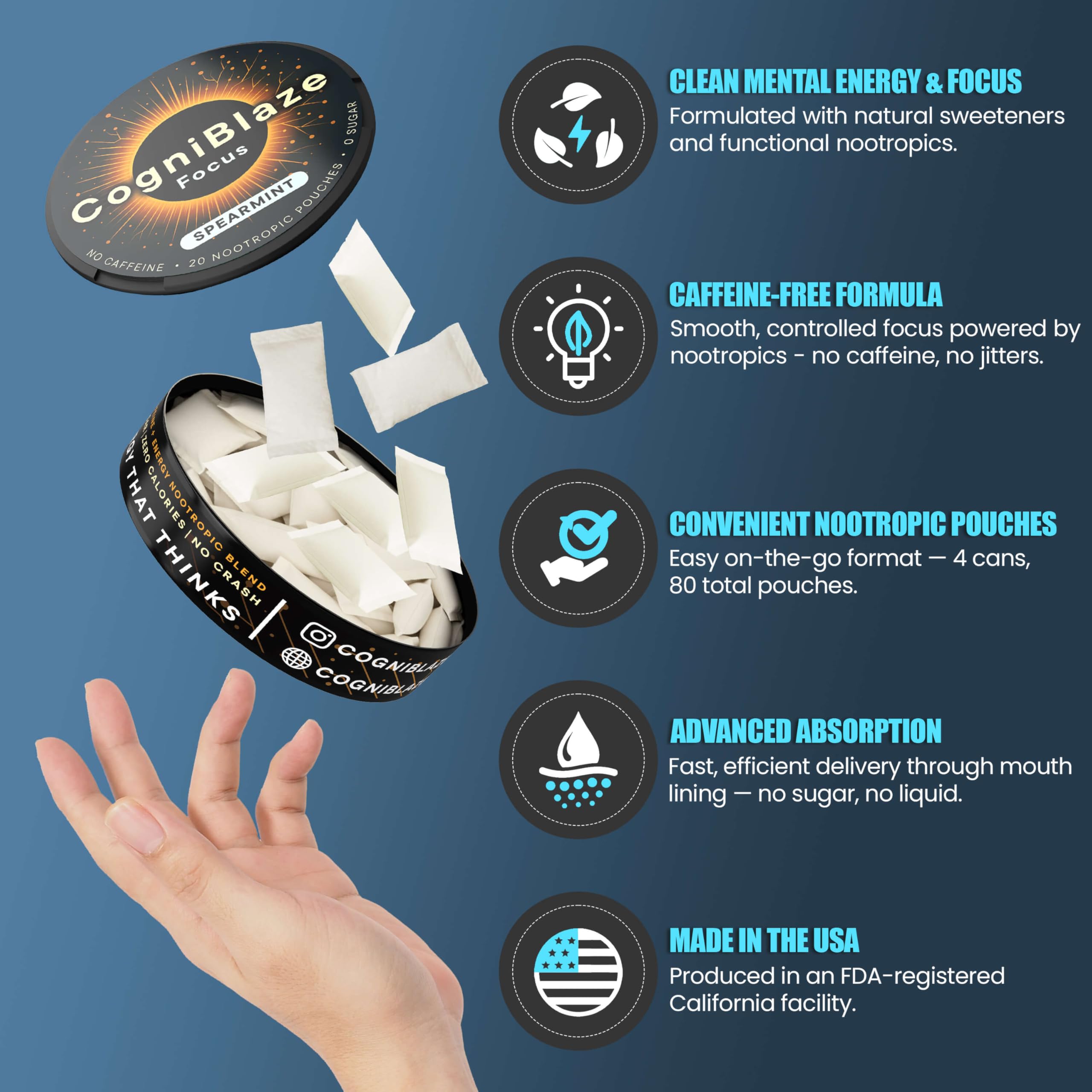 CogniBlaze Nootropic Pouches Caffeine Free (Spearmint) | 80 Focus Pouches for Clarity | 4 Pack (20 Per Can) | Mental Energy Pouches | 25mcg Huperzine A per Nootropic Pouch | Zero Calories CogniBlazeAu supplements