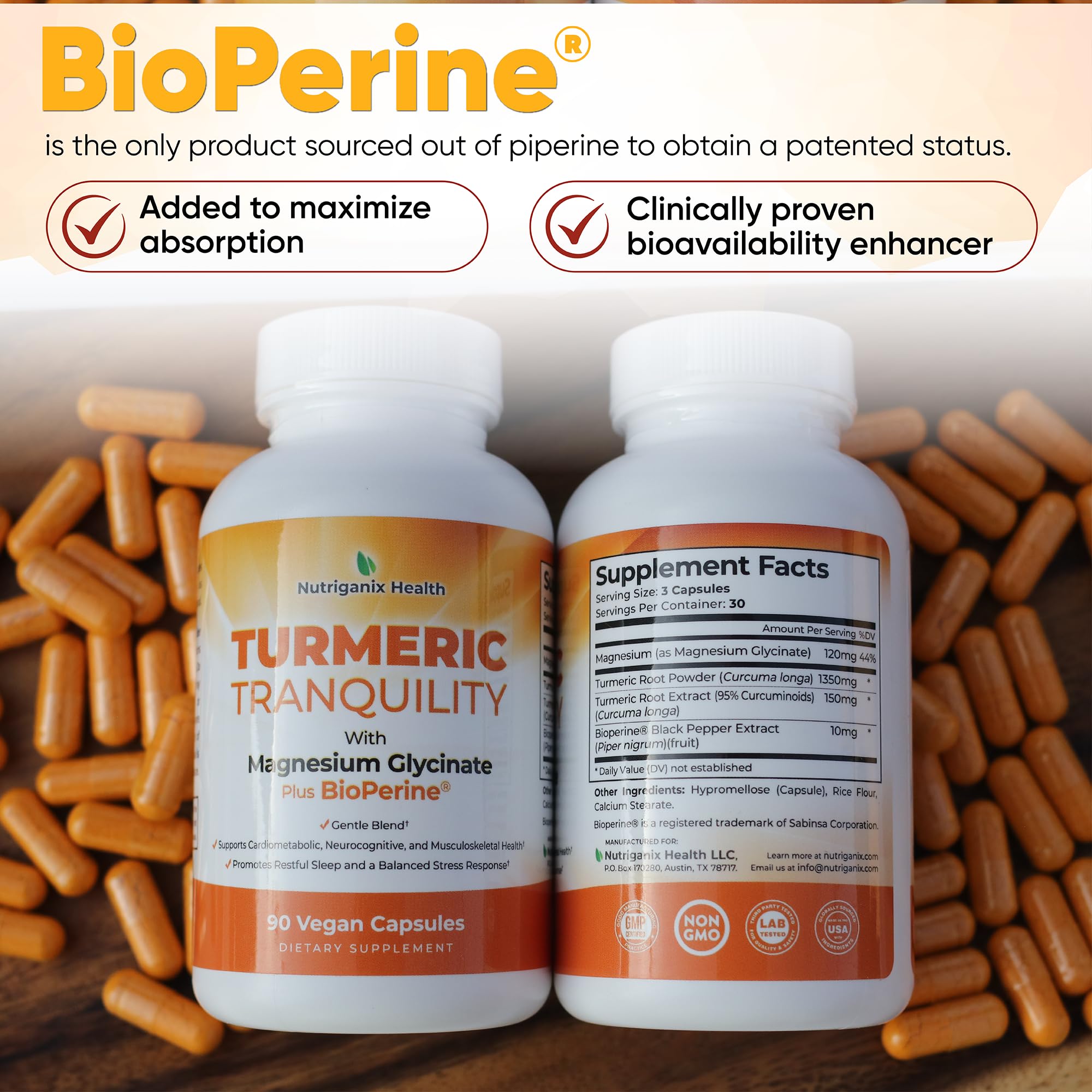 Turmeric Tranquility Turmeric Curcumin & Magnesium Glycinate with BioPerine – Support for Stress Relief, Sleep, Heart Health, Muscles, Metabolism, and Joint Health* - High Absorption - 90 Capsules (1) NutriganixAu supplements