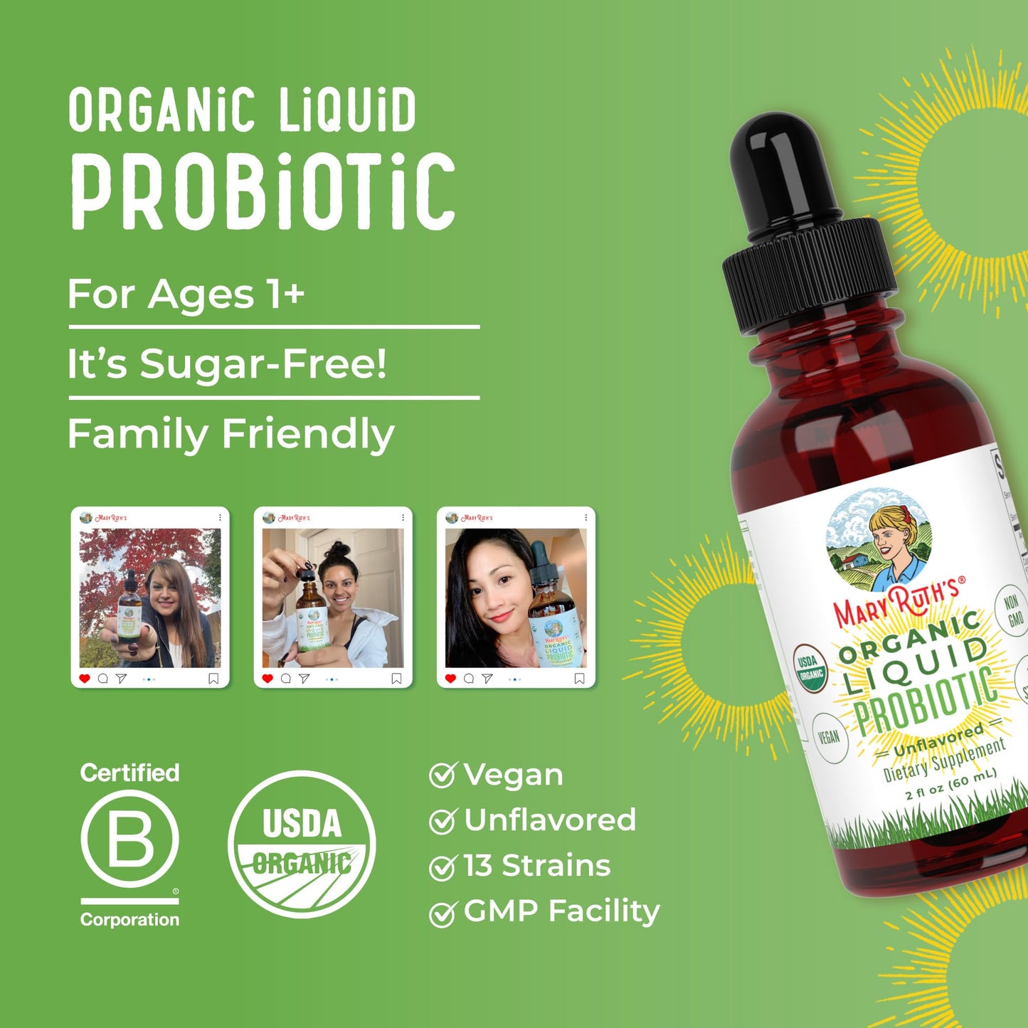 MaryRuth Organics Liquid Probiotic for Ages 4+ | 2 Billion CFU | 13 Probiotic Strains | Gut Health & Digestive Support | Gas & Bloating Support | Vegan | Gluten Free | Travel-Friendly | 20 Servings MARYRUTH'SUS supplements
