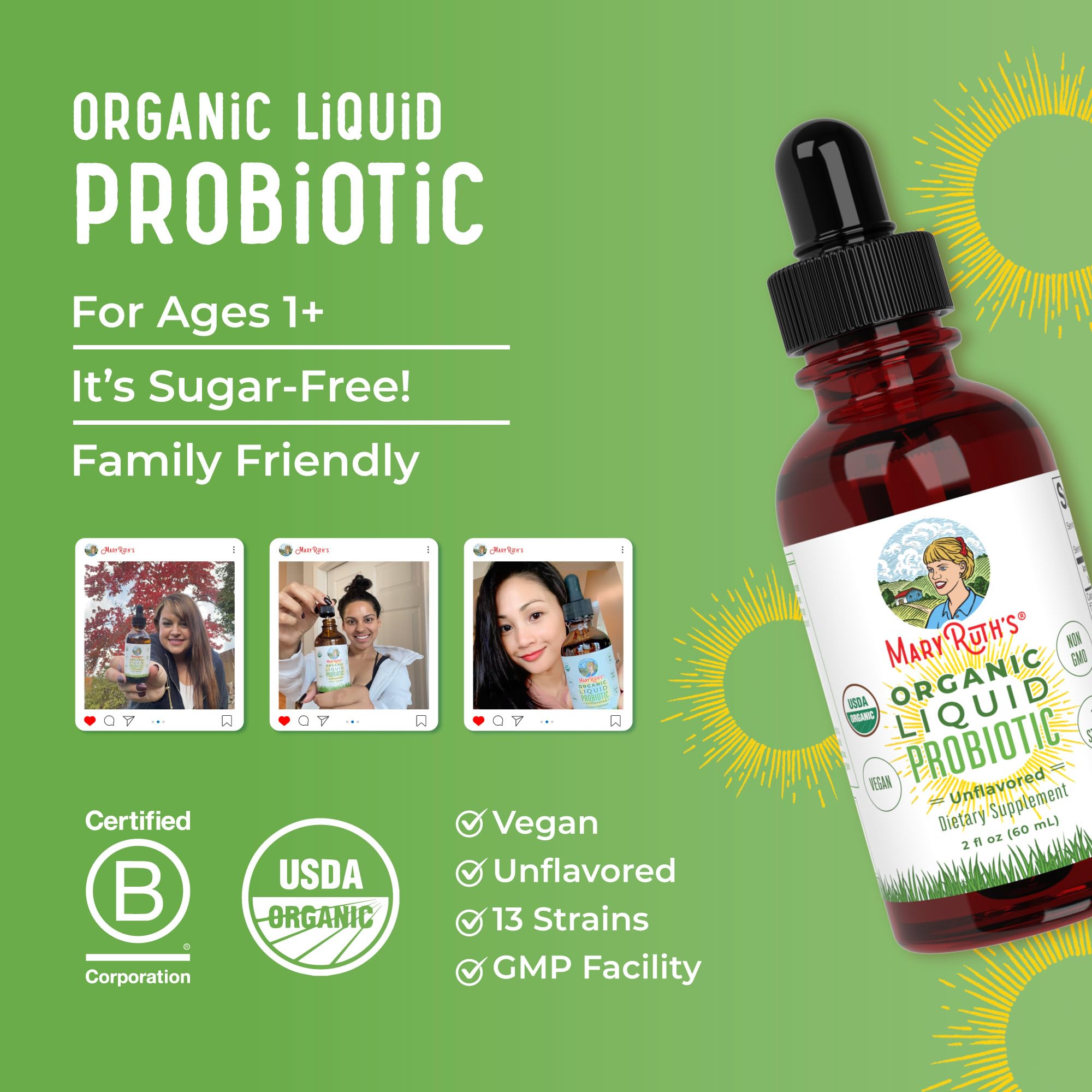 MaryRuth Organics Liquid Probiotic for Ages 4+ | 2 Billion CFU | 13 Probiotic Strains | Gut Health & Digestive Support | Gas & Bloating Support | Vegan | Gluten Free | Travel-Friendly | 20 Servings MARYRUTH'SUS supplements