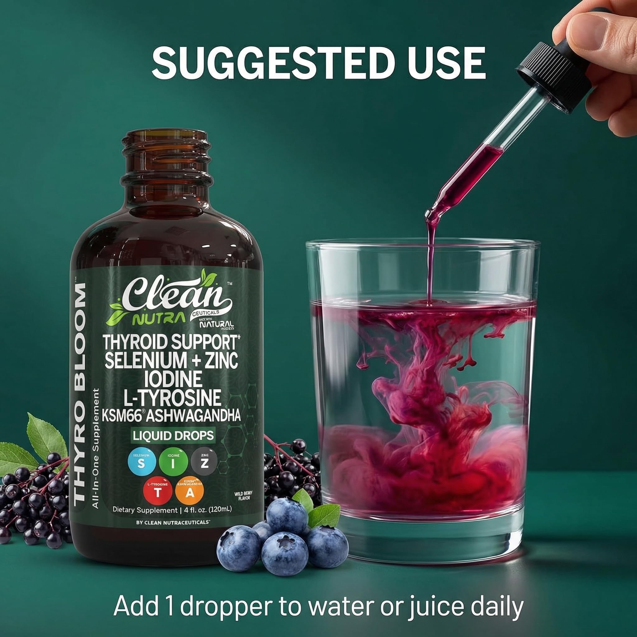 Clean Nutra Thyroid Support Drops Selenium Zinc Iodine L Tyrosine KSM66 Ashwagandha Vitamin D3 B12 A C Turmeric Kelp Schisandra Guggul Cayenne Basil Liquid Supplement Folate Copper Thyro Bloom Drop Clean NutraceuticalsAu supplements