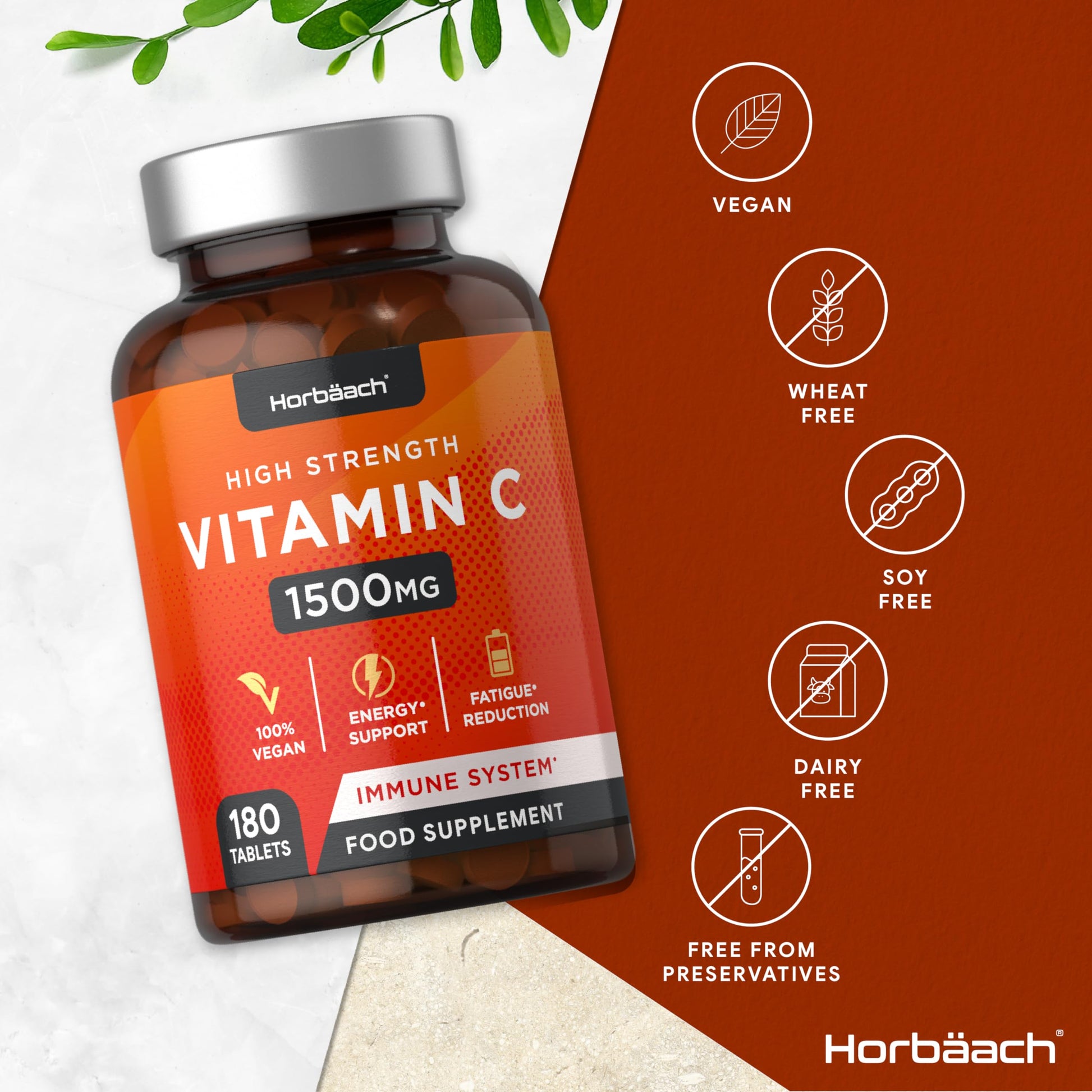 Vitamin C Tablets 1500mg | 180 Count | High Strength Vegan Supplement | No Artificial HorbäachUS supplements