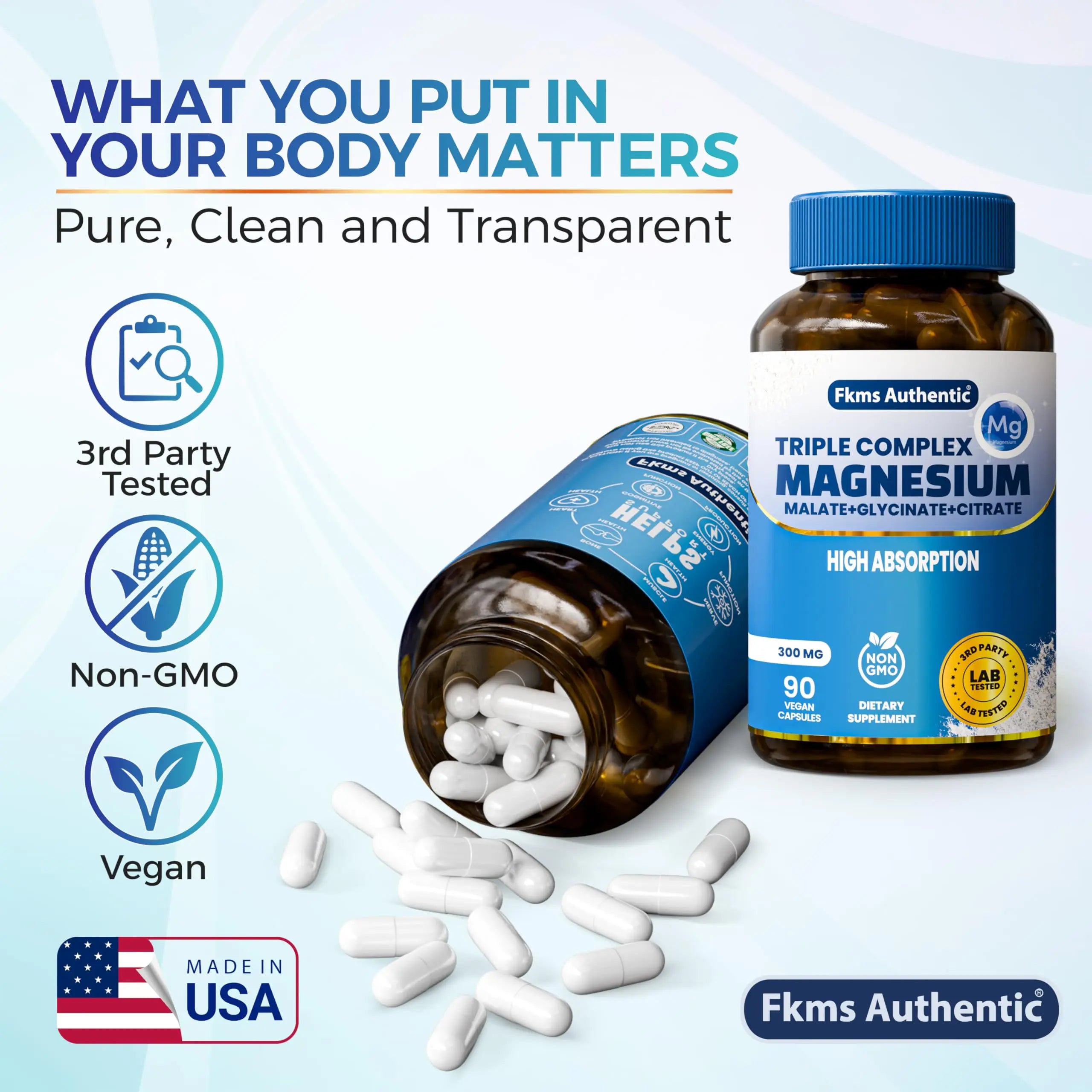 FKMS Authentic Triple Magnesium Complex | 300mg Magnesium Glycinate, Malate & Citrate for Sleep, Stress & Muscle Support | Non-GMO, Vegan, Gentle on Stomach | High Absorption | 90 Capsules FKMS AUTHENTICnz supplements