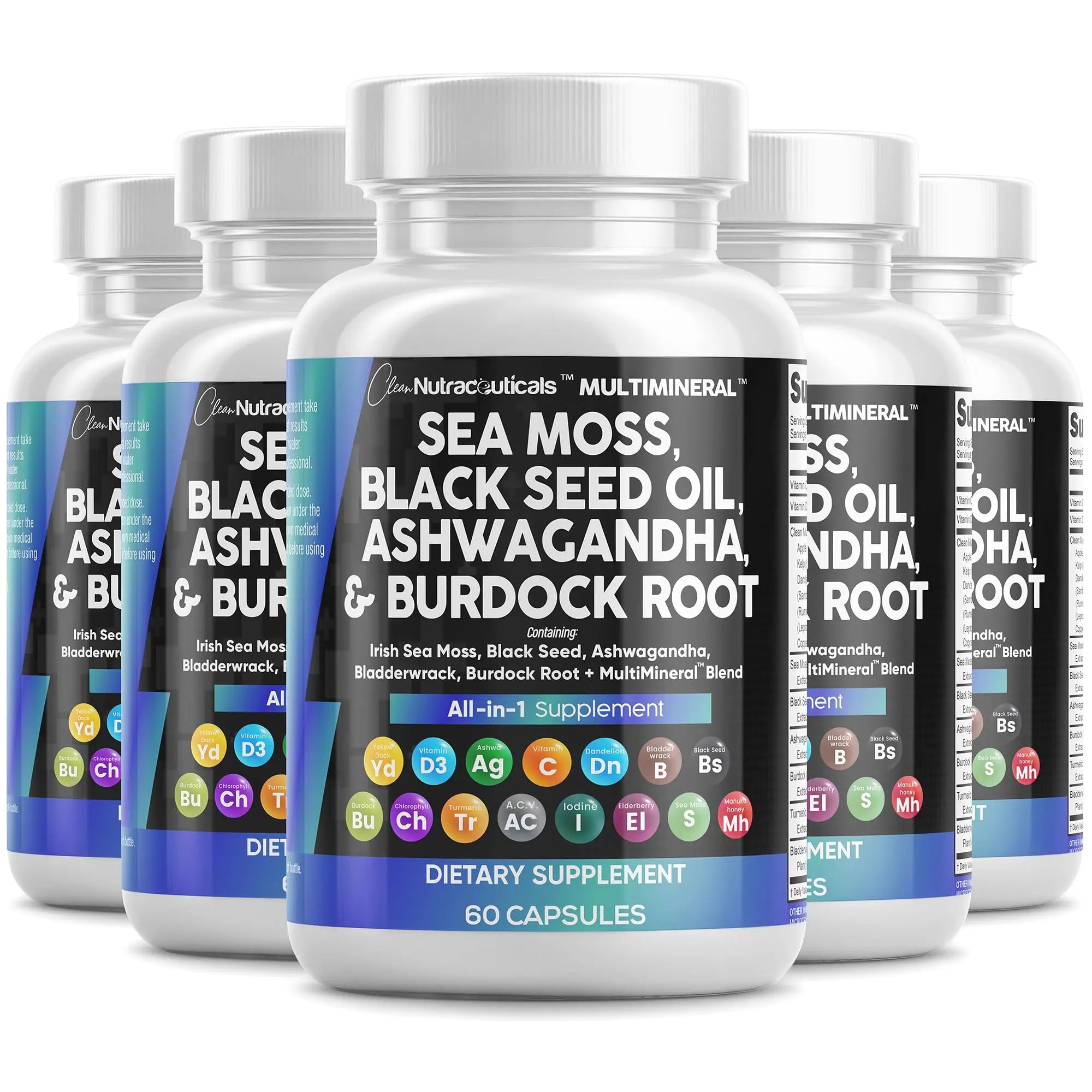 Sea Moss Black Seed Oil Ashwagandha Turmeric Bladderwrack Burdock & Vitamin C Vitamin D3 with Elderberry Manuka Dandelion Yellow Dock Iodine Chlorophyll ACV - 5Pack Clean NutraceuticalsAu supplements