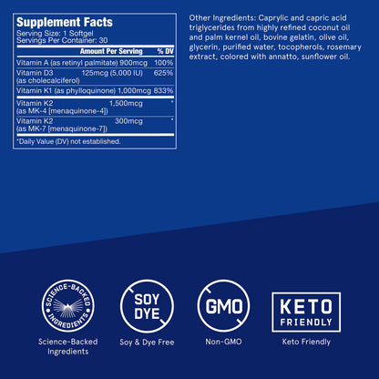 Vitamins A-D-K, 30 Softgels, 900mcg Vitamin A, with 5000 IU D3, K1, K2, K3, High Potency BulletproofUS supplements