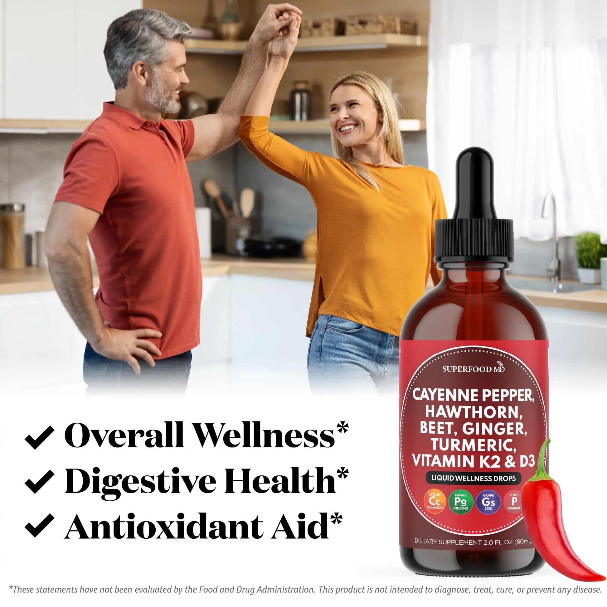 Cayenne Pepper Supplement Liquid Drops + Hawthorn Berry, Vitamin D3 K2 Beet Root Powder, Ceylon Cinnamon, Turmeric Curcumin, Organic Panax Ginseng - 4 OZ Superfood MDnz supplements