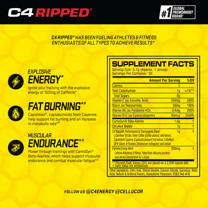 Cellucor C4 Ripped Pre Workout Powder Cherry Limeade | Creatine Free + Sugar Free CellucorUS supplements